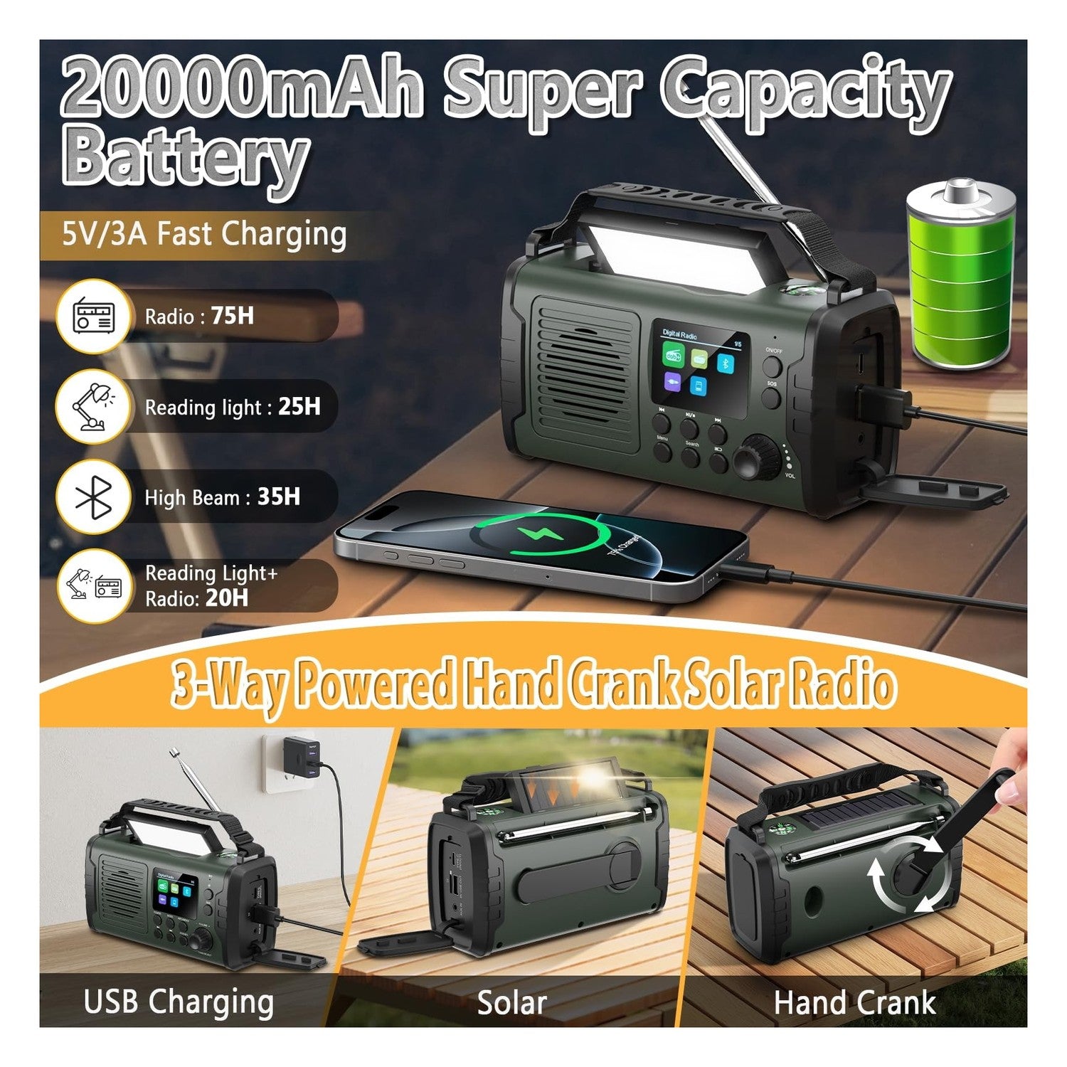 20000mAh solar radio with Bluetooth and crank - for camping and breakdowns Brand no brand