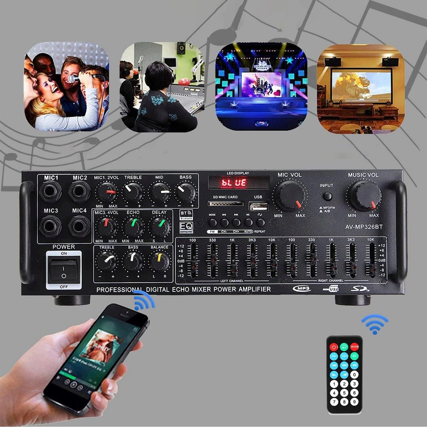 2000W BLUETOOTH5.0 AMPLIFIER PLAYER FOR FAMILY EVENTS + 12V REMOTE CONTROL Manufacturer code 103.218