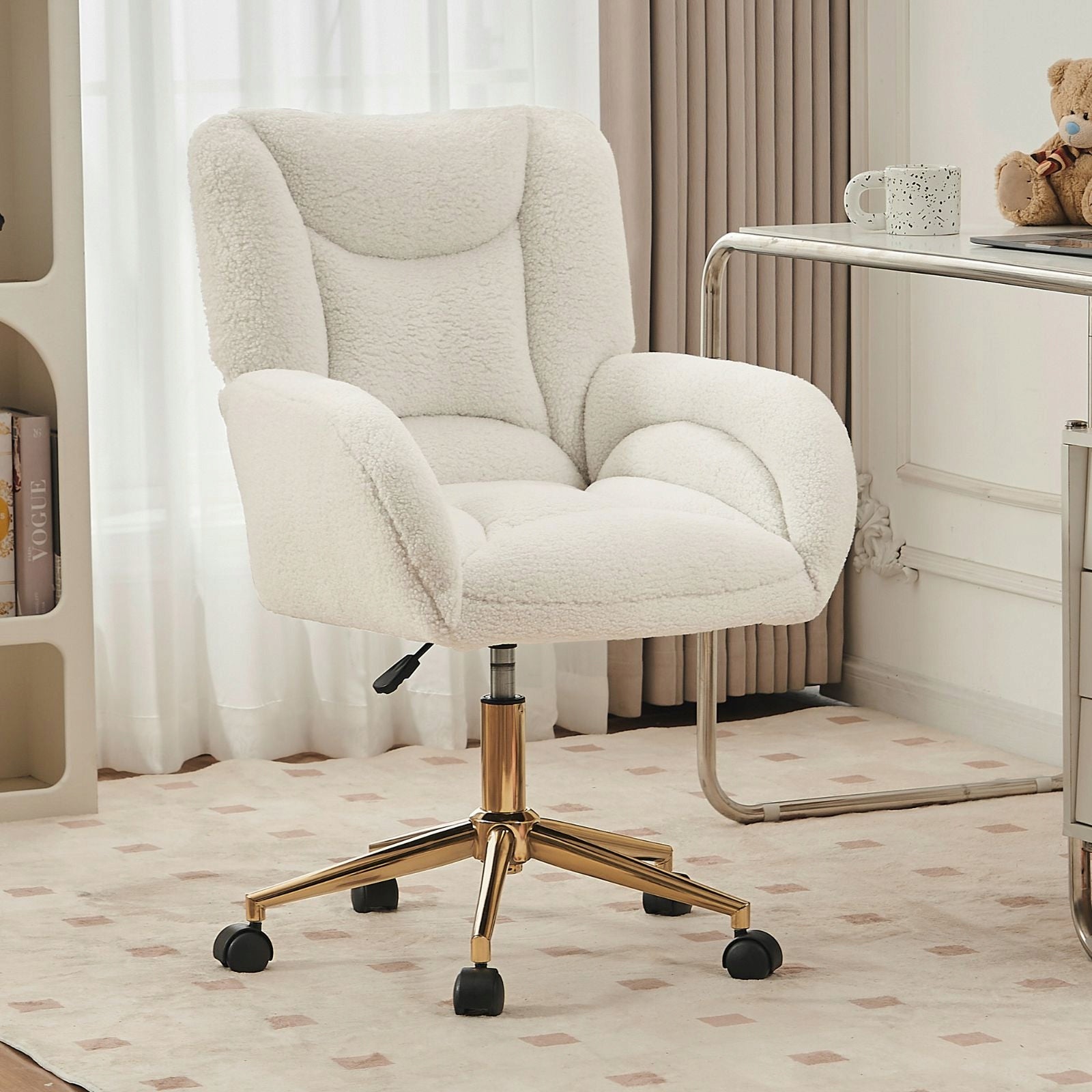 2026 2026 Swivel chair 64x62x92 cm fabric Teddy golden legs white 005 Furniture depth 62 cm