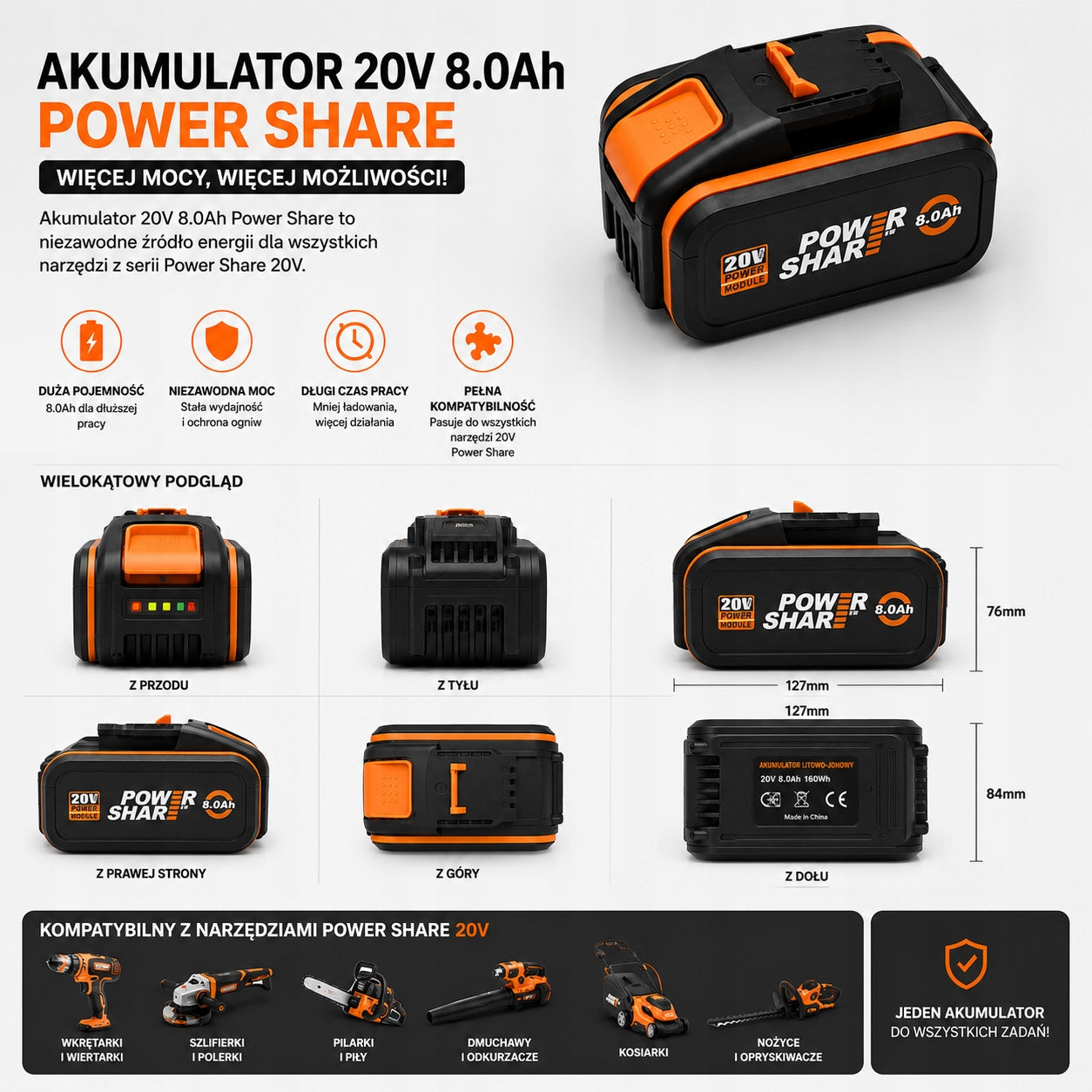 20V 8.0Ah battery replacement for WORX WA3572 WA3553 WX390 power tools Battery capacity 8 Ah
