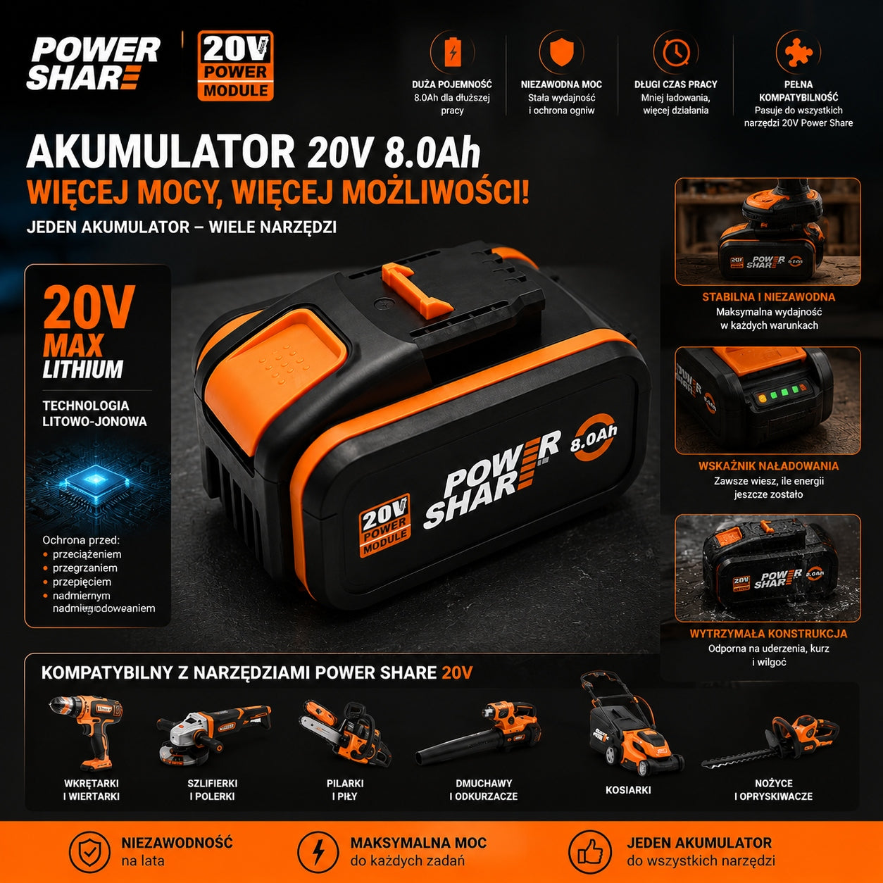 20V 8.0Ah battery replacement for WORX WA3572 WA3553 WX390 power tools Manufacturer code WKS-20V-8.0Ah-1