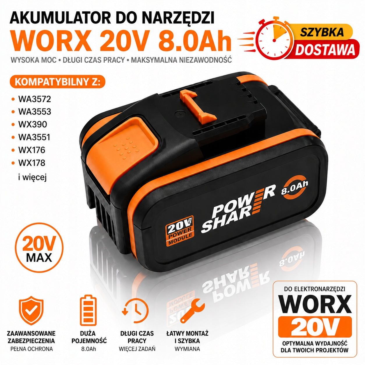20V 8.0Ah battery replacement for WORX WA3572 WA3553 WX390 power tools