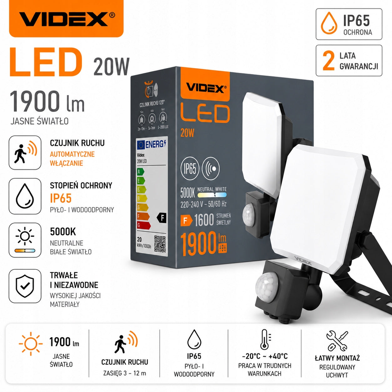 20W LED FLOODLIGHT WITH MOTION SENSOR IP65 HALOGEN OUTDOOR LAMP 1900Lm Packaging status original