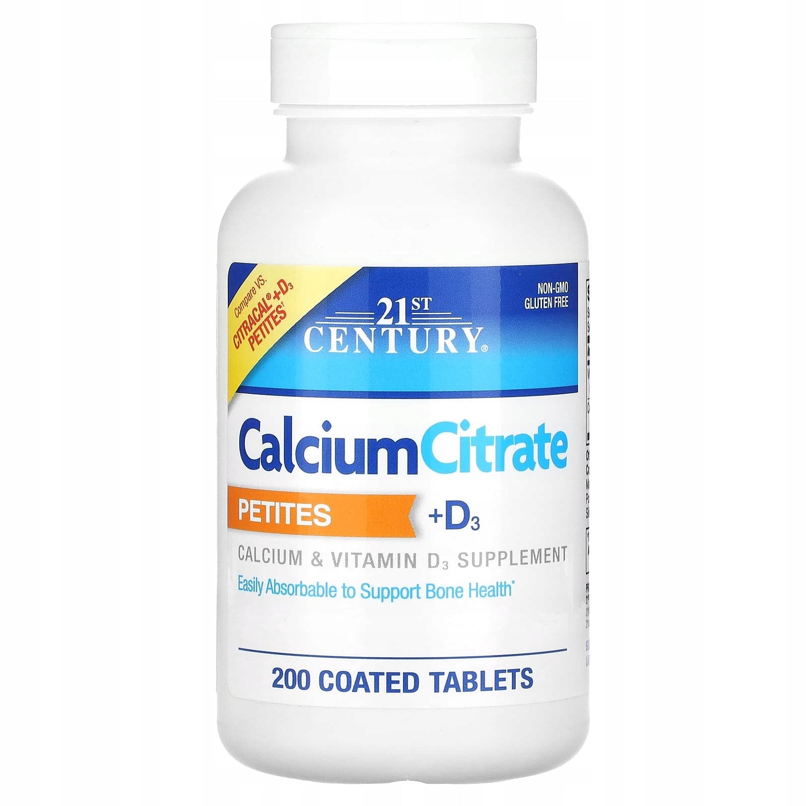 21st Century, Calcium Citrate Petites + D3, 200 film coated tablets