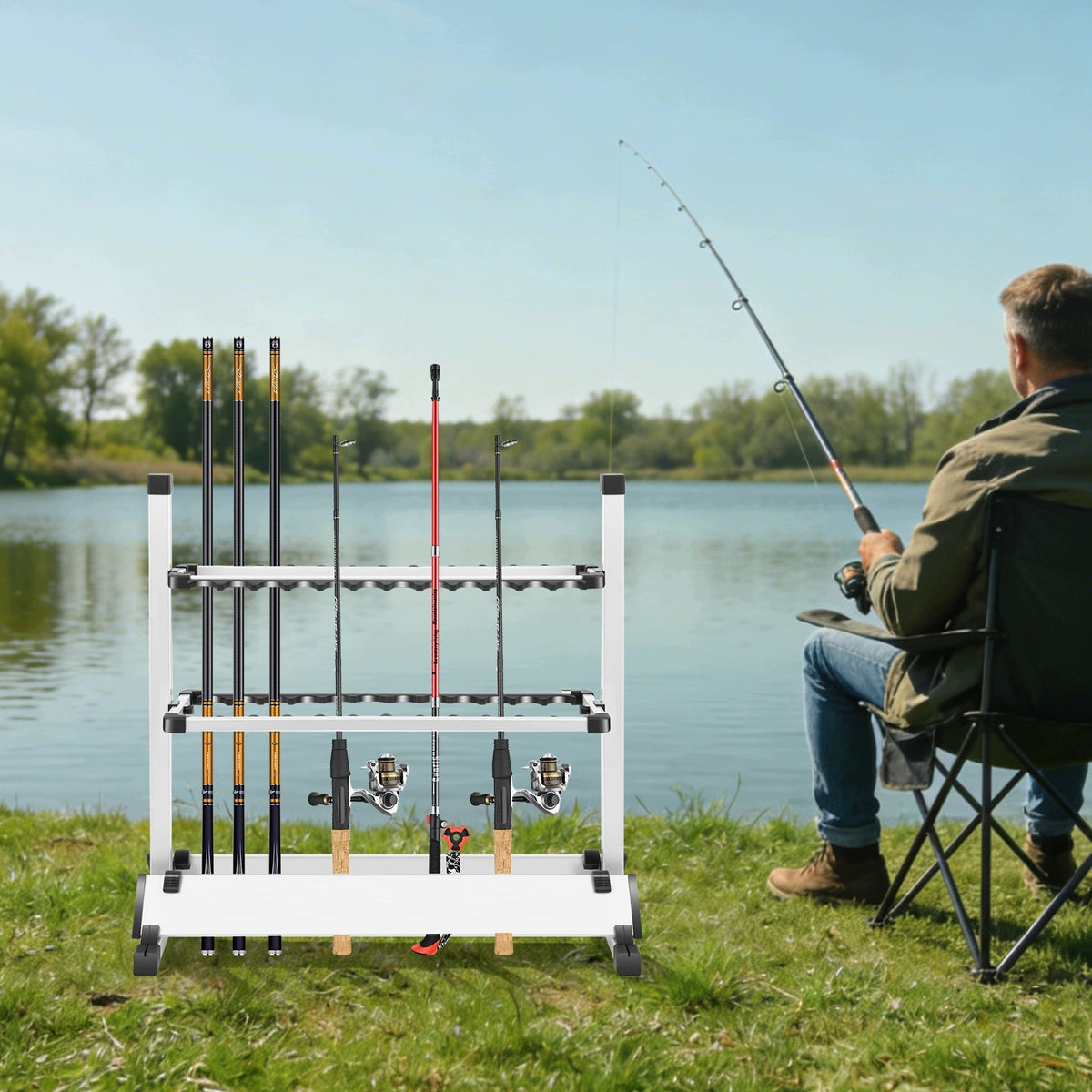 24 RODS FISHING ROD HOLDER ALUMINUM ALLOY FREESTANDING RACK FOR TACKLE Manufacturer code 132184