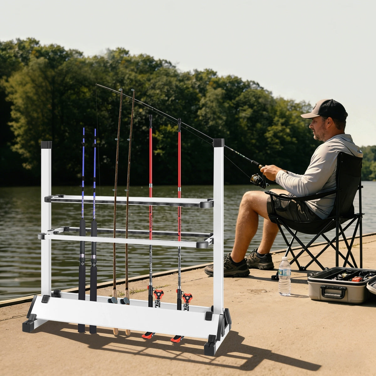 24 RODS FISHING ROD HOLDER ALUMINUM ALLOY FREESTANDING RACK FOR TACKLE Packaging status original