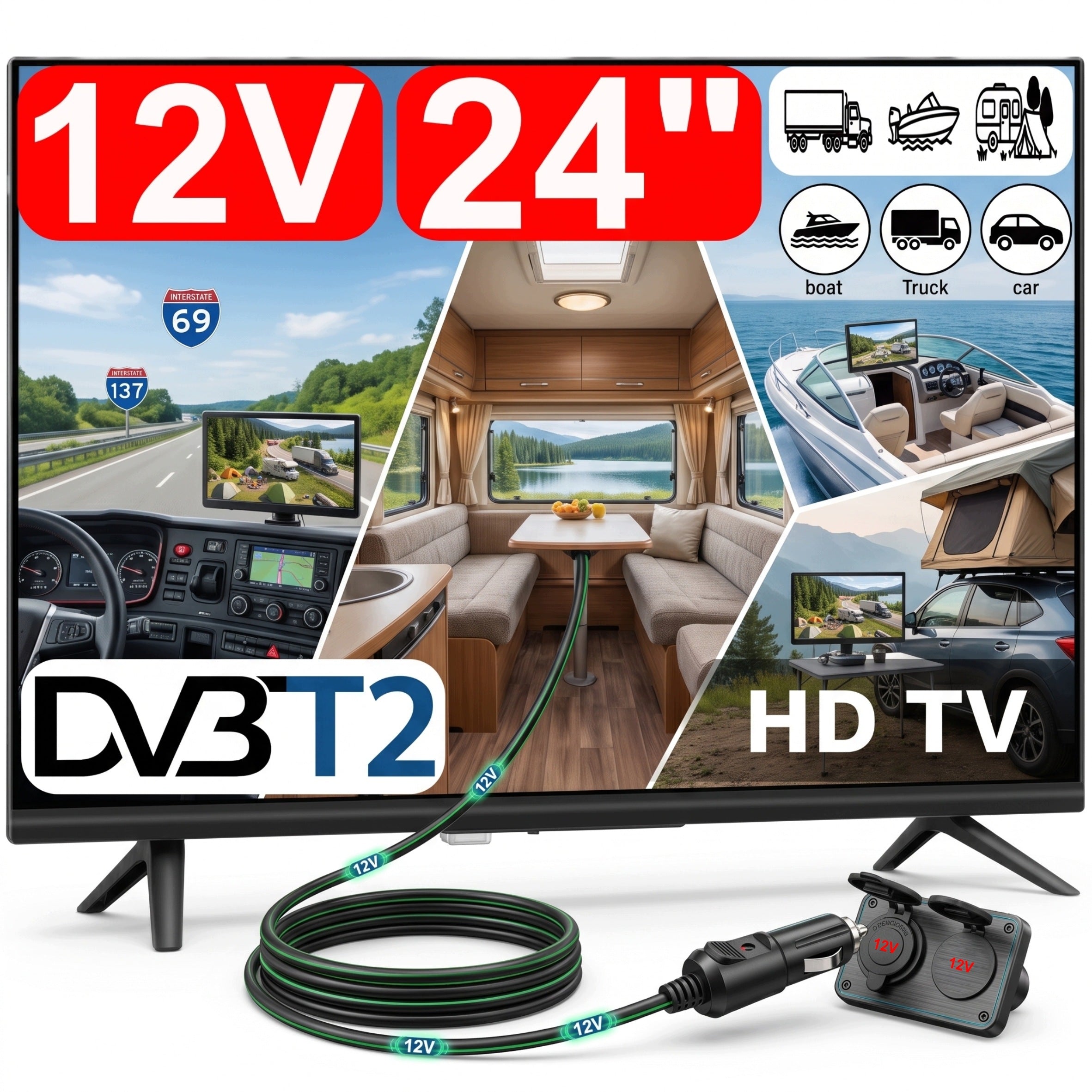 24" TV FOR TRUCK 12V 230V MOTORHOME CAMPING YACHT DVB-T2 POWER SUPPLY Manufacturer code TELEWIZOR DO KAMPERA CIĘŻARÓWKI JACHTU 24"