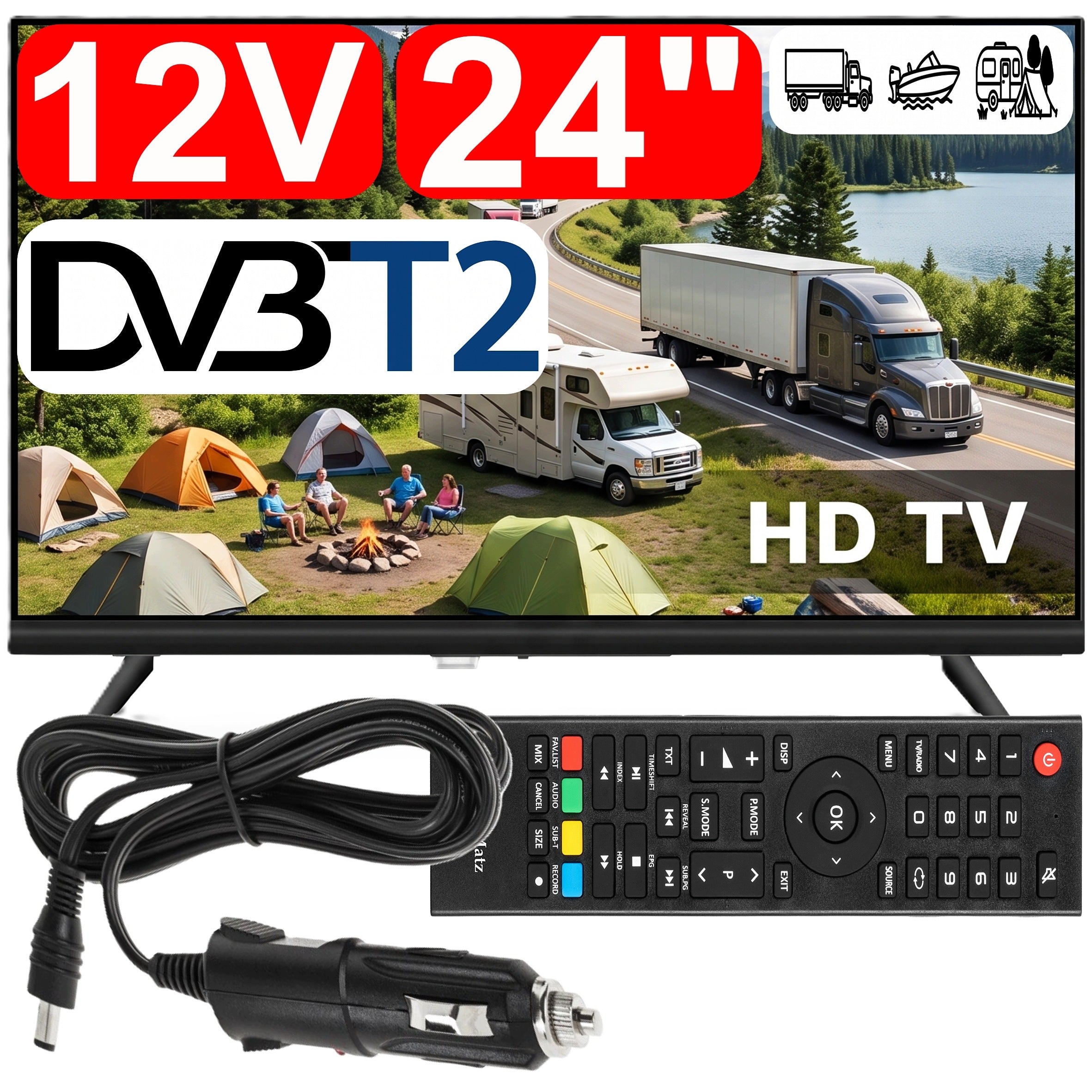 24" TV FOR TRUCK 12V 230V MOTORHOME CAMPING YACHT DVB-T2 POWER SUPPLY