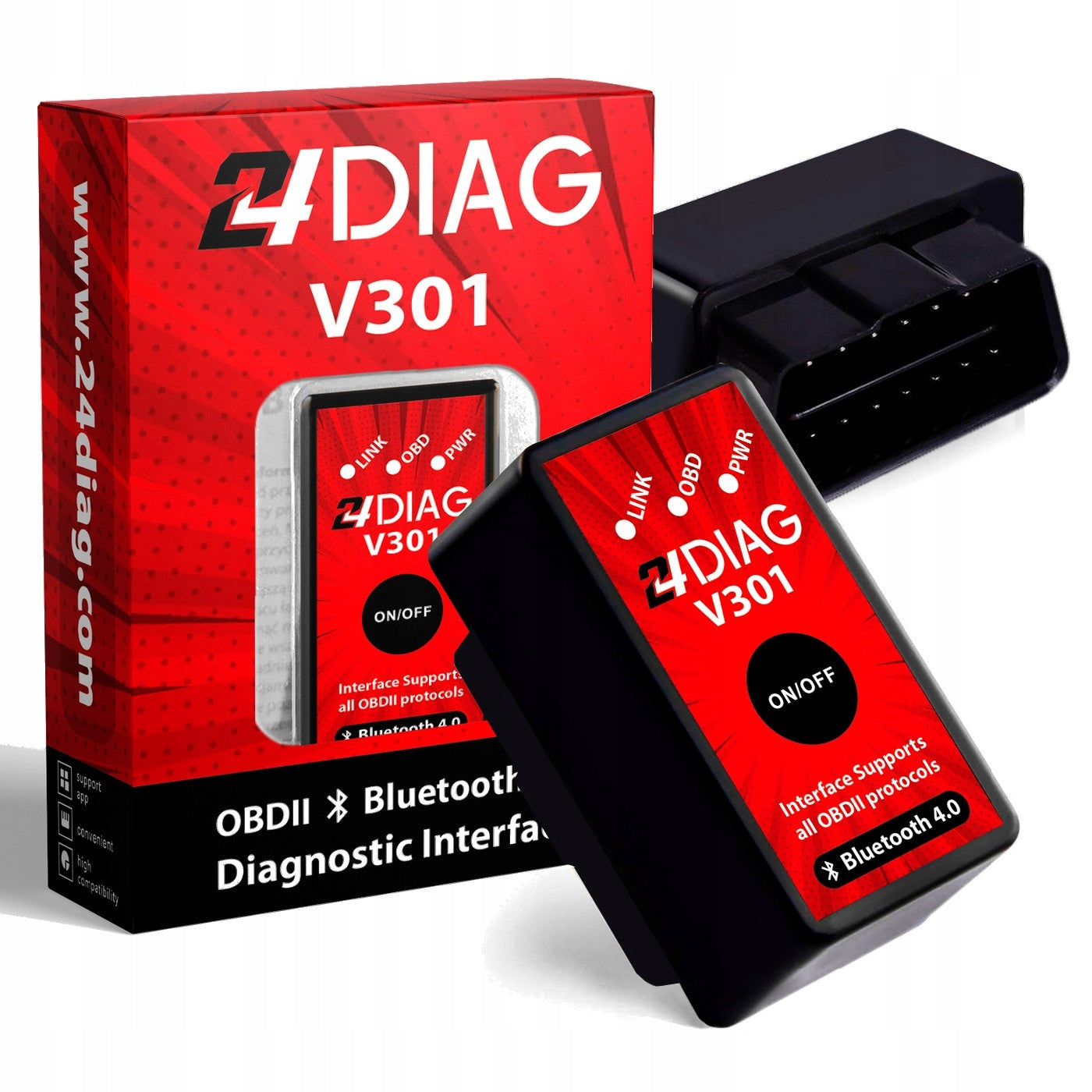 24DIAG V301 ELM327 BLUETOOTH 4.0 OBD2 DIAGNOSTIC INTERFACE iOS ANDROID