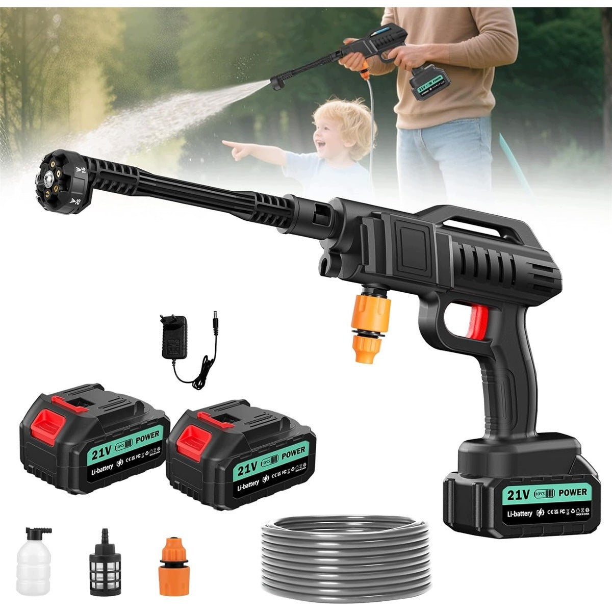 24V Wireless Pressure Washer with 6 Nozzles for Car and Window Cleaning