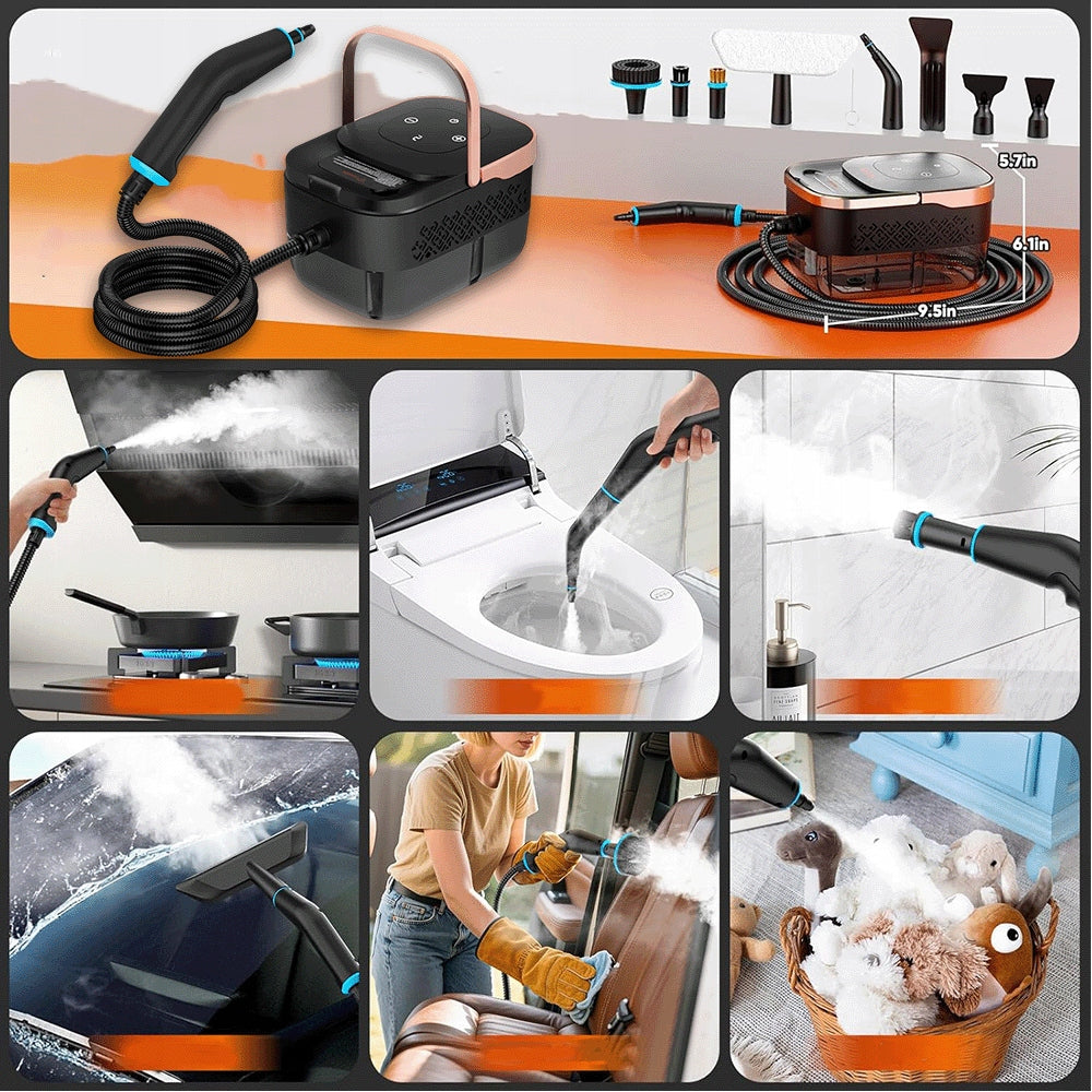 2500W STEAMER WITH 9 CAR AND FLOOR CLEANING ACCESSORIES Packaging status original