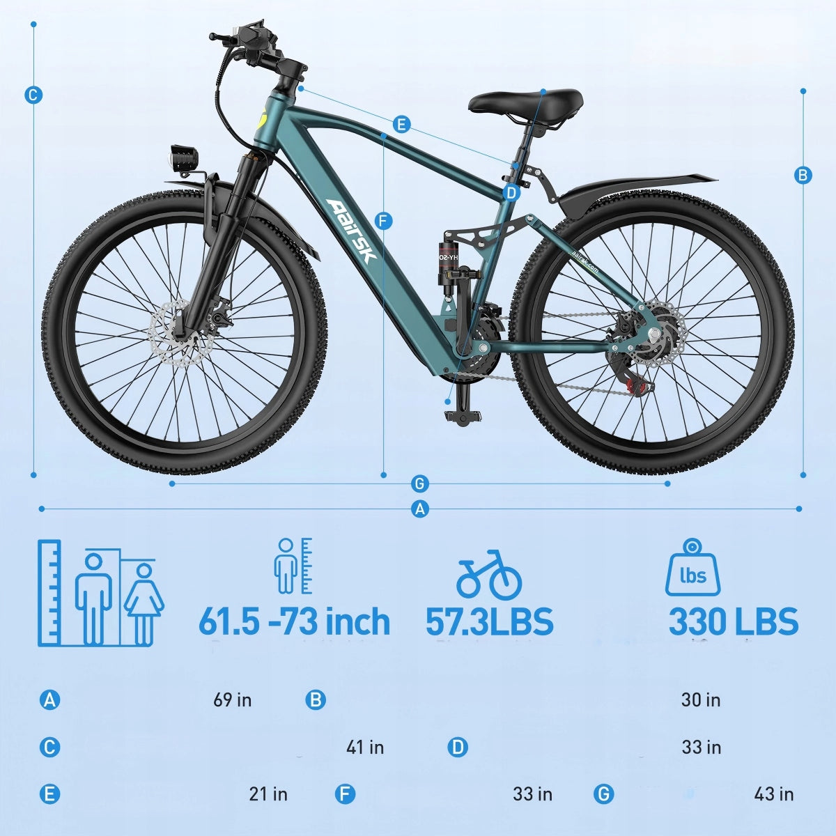 26" Aairsk GT900 Electric Bike 250W 36V 13Ah 70km Range 21-Speed SHIMANO Brand Aairsk