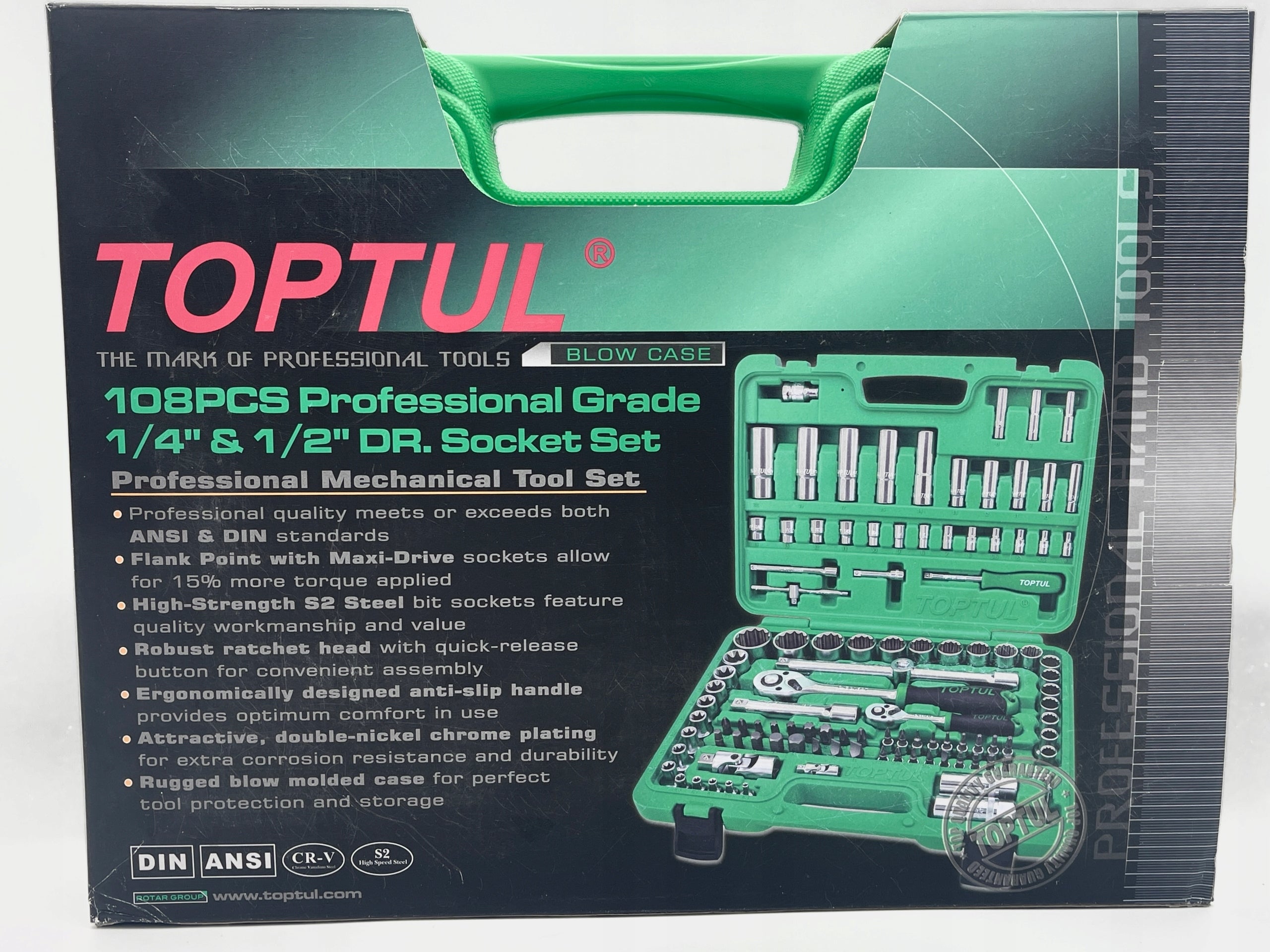 Įrankių rinkinys TOPTUL GCAI108R, 108 dalių, 1/4" ir 1/2