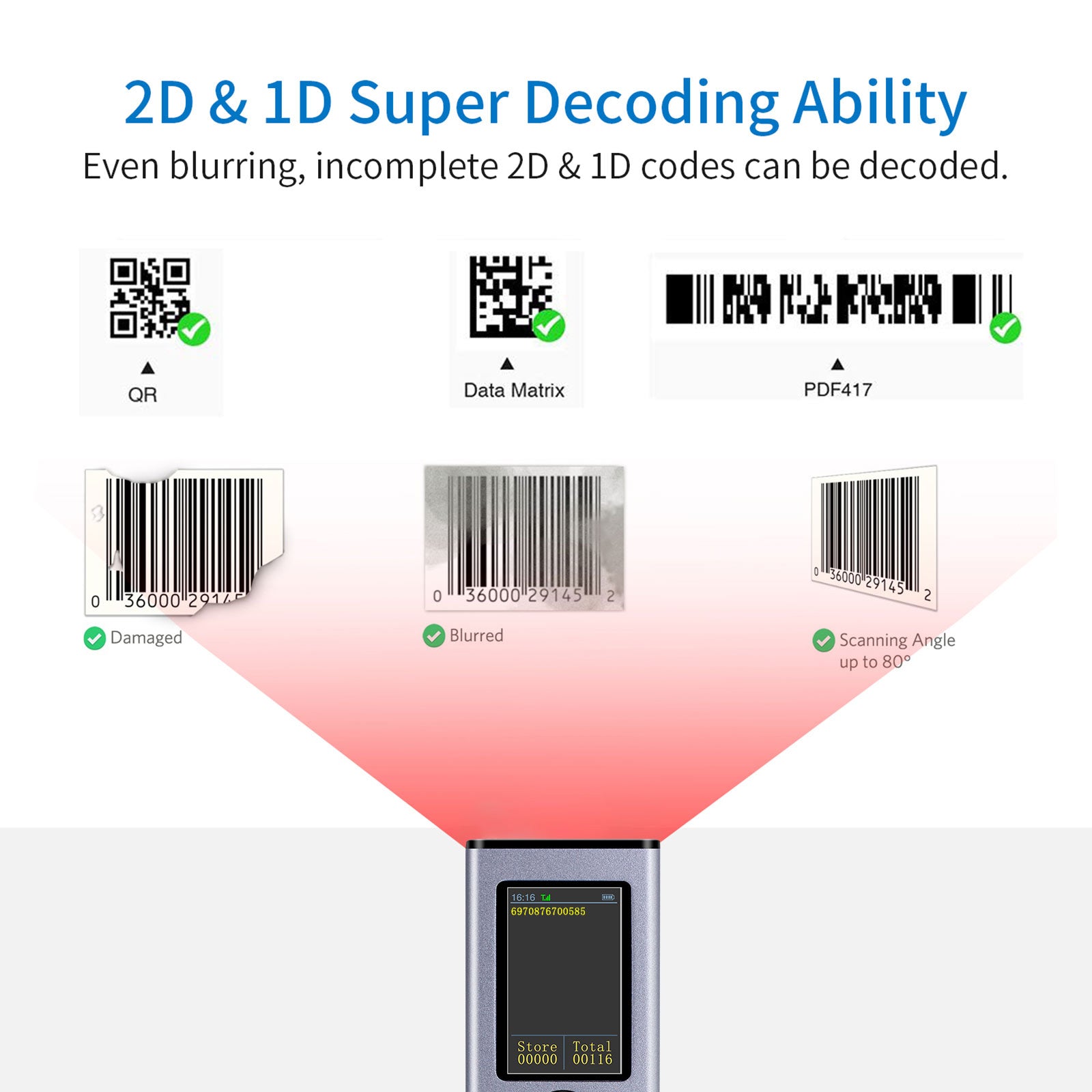 2D 1D QR Barcode Scanner with TFT Screen Wireless Connection and p Brand no brand