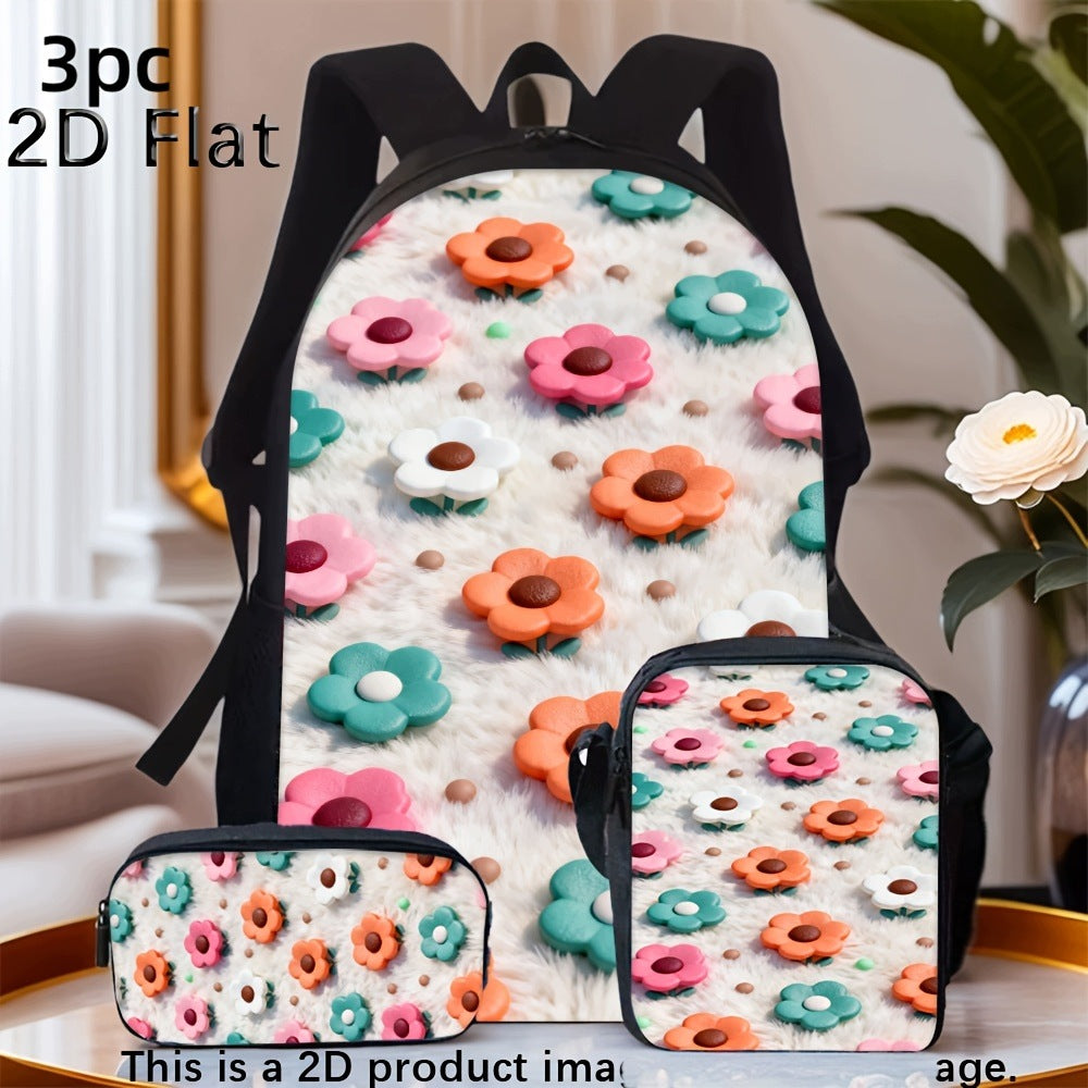 2D Colorful Flowers Backpack Set - Stylish, Large Capacity for Travel