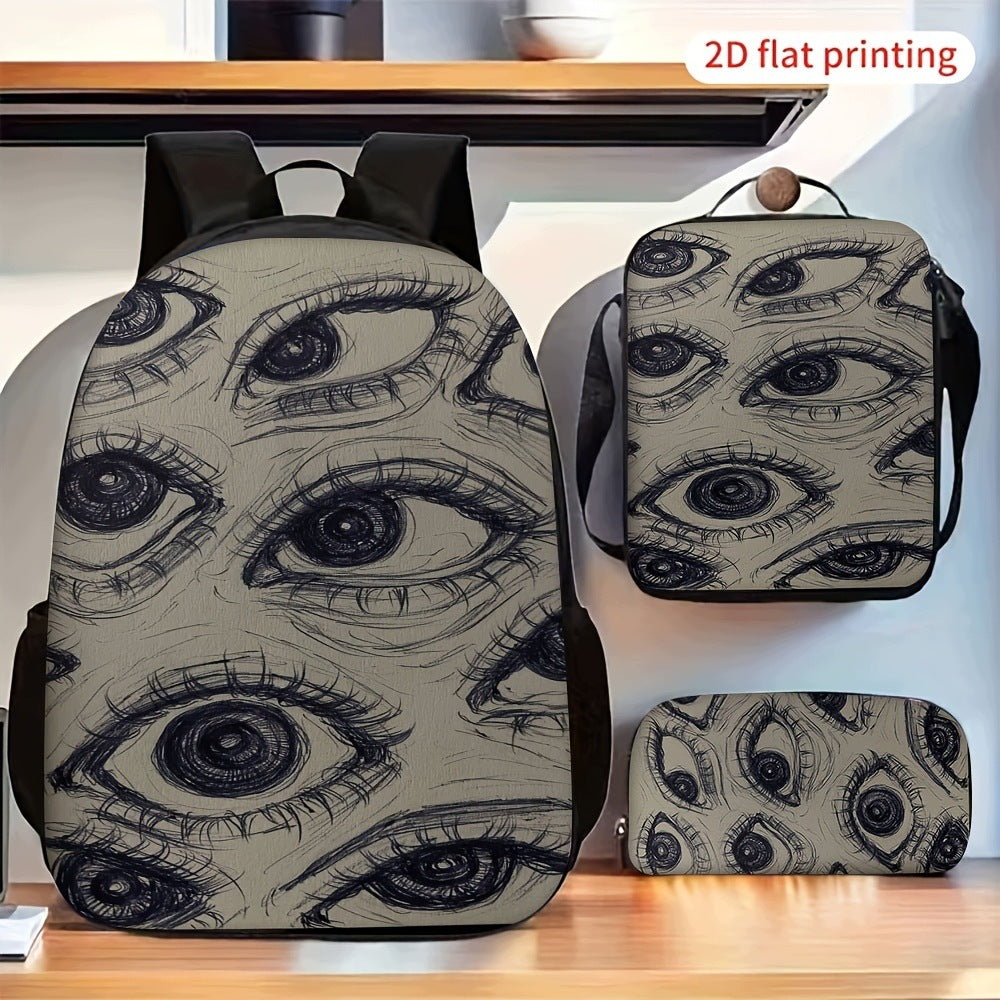 2D Flat Abstract Multiple Eyes Pattern Backpack Set with Crossbody Bag
