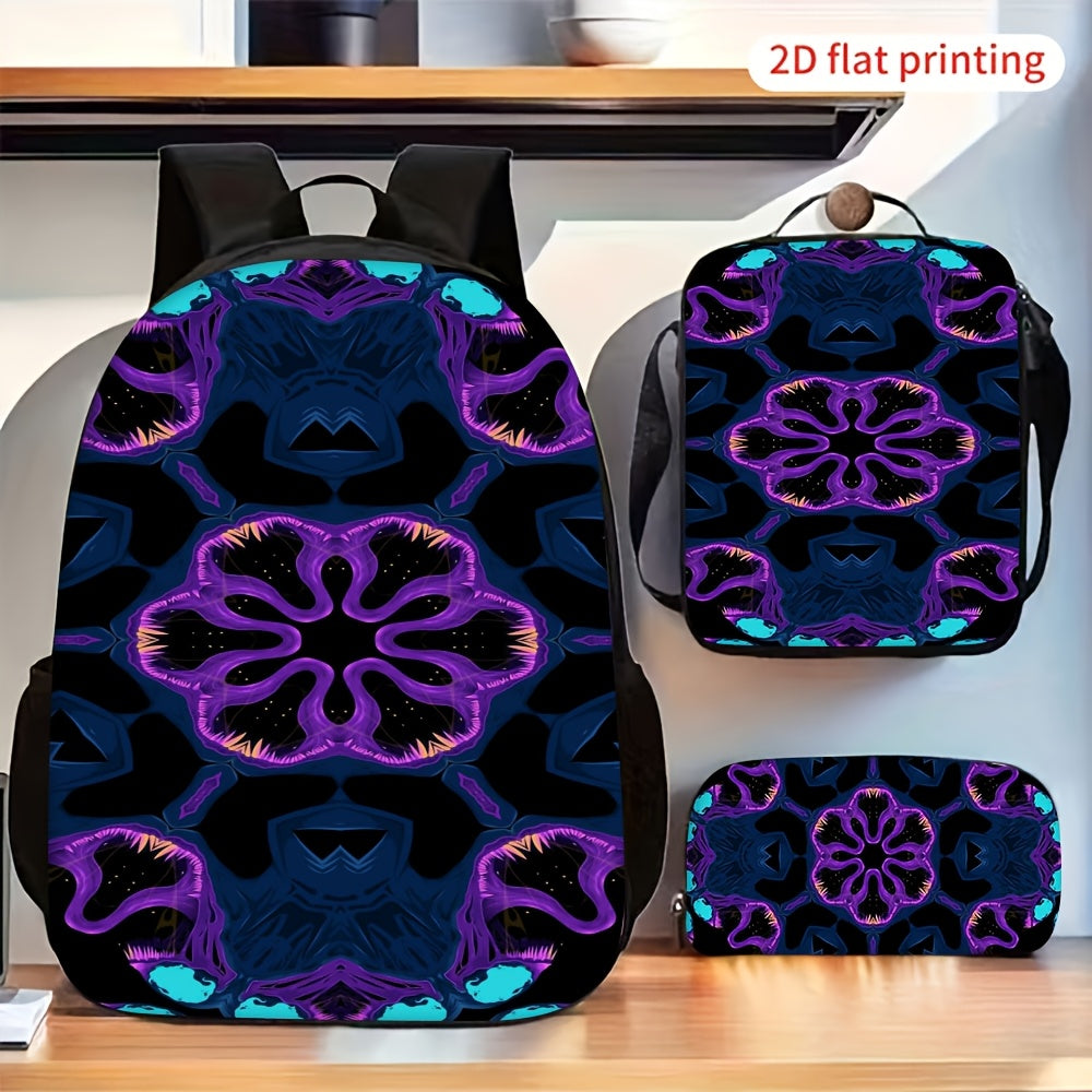 2D Flat Abstract Symmetrical Purple Blue 3-Piece Backpack Set with Crossbody Bag