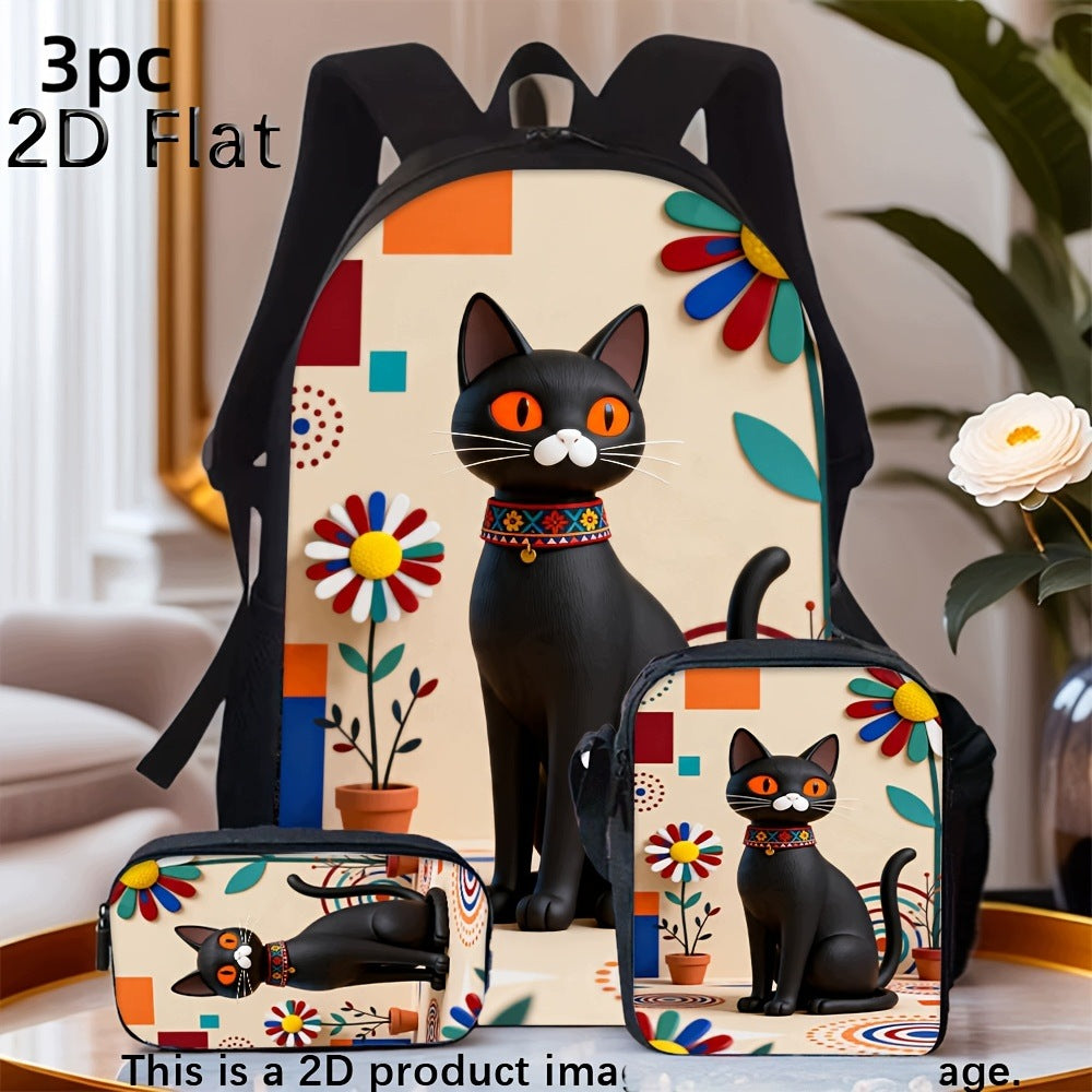 2D Flat Black Cat Colorful Flower 3-Piece Backpack Set with Small Bag and Pencil Case