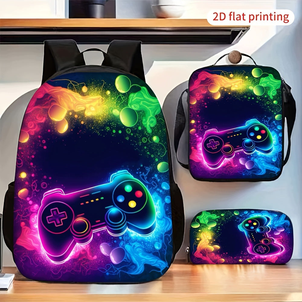 2D Flat Colorful Neon Game Controller Pattern 3-Piece Backpack Set