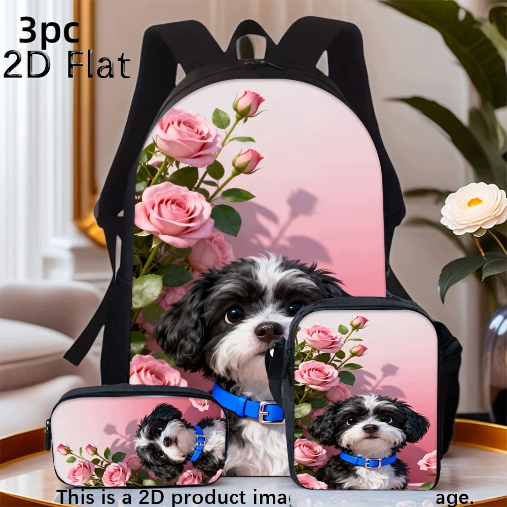 2D Flat Cute Black and White Dog with Pink Rose Print 3-Piece Backpack Set with Small Bag