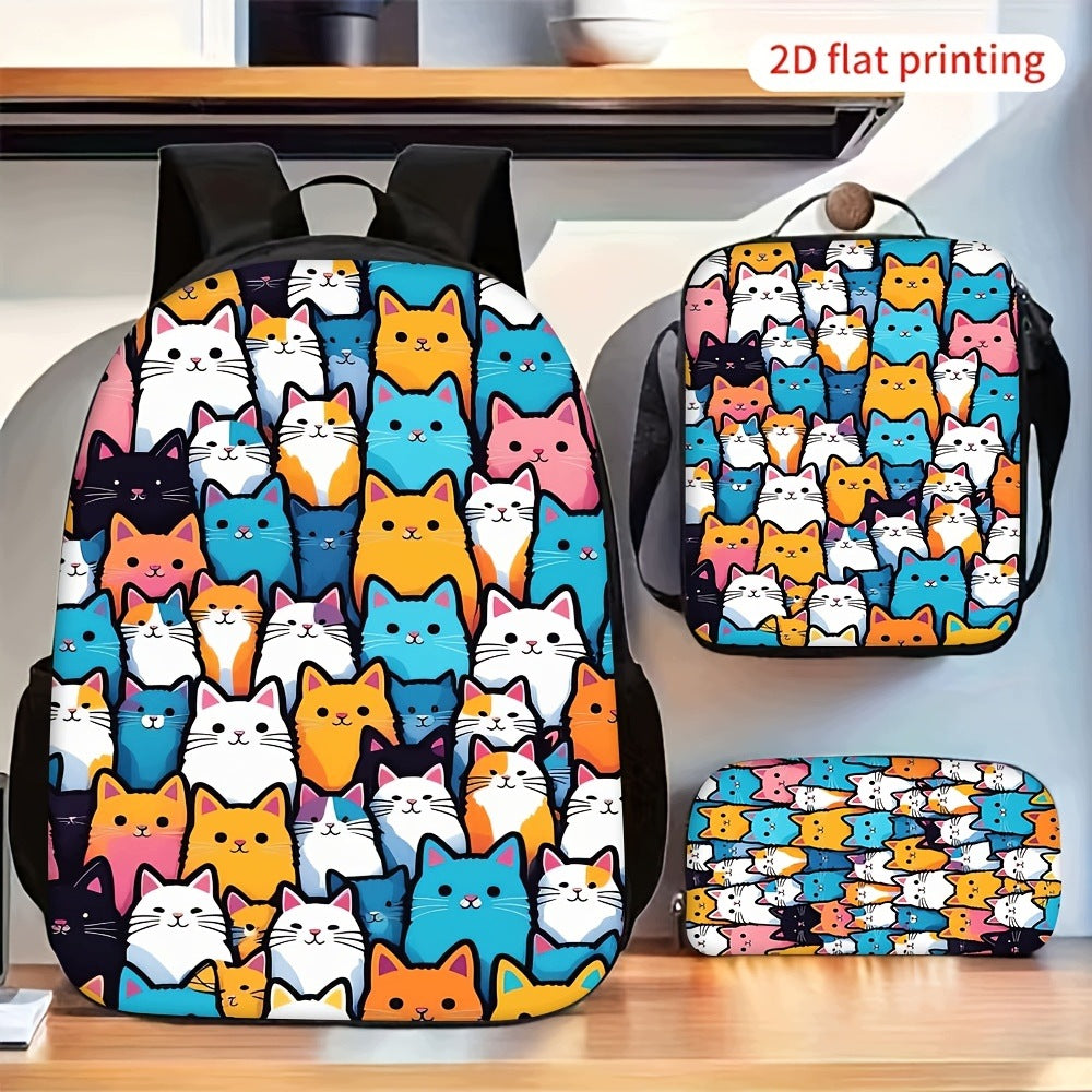 2D Flat Cute Multicolor Cartoon Cats Pattern Daily Backpack Set