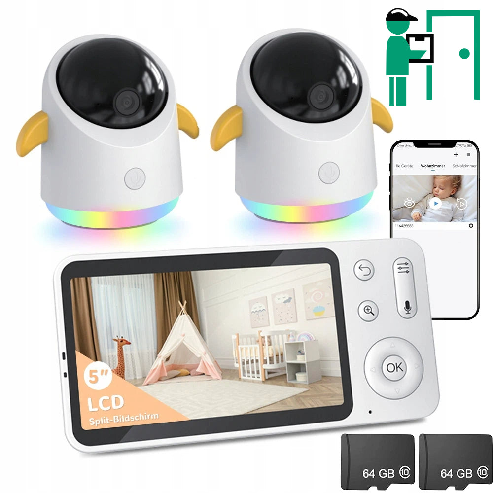 2K BABY MONITOR 2 CAMERA WIFI ZOOM ROTATING 5" LCD LIVE NIGHT MODE