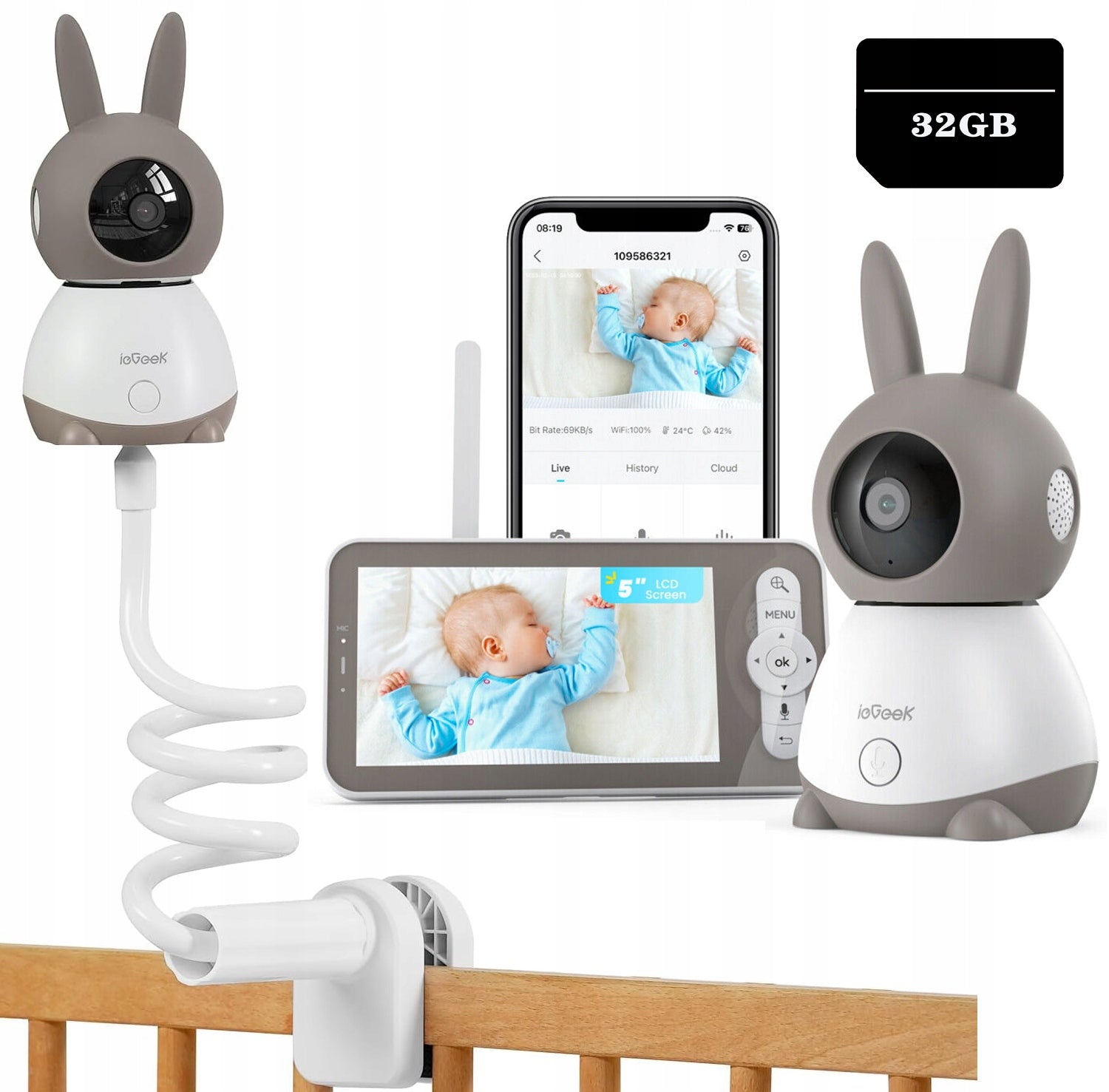 2K BABY MONITOR ELECTRONIC CAMERA WIFI MONITOR 5'' LCD & 32GB SWIVEL MOUNT