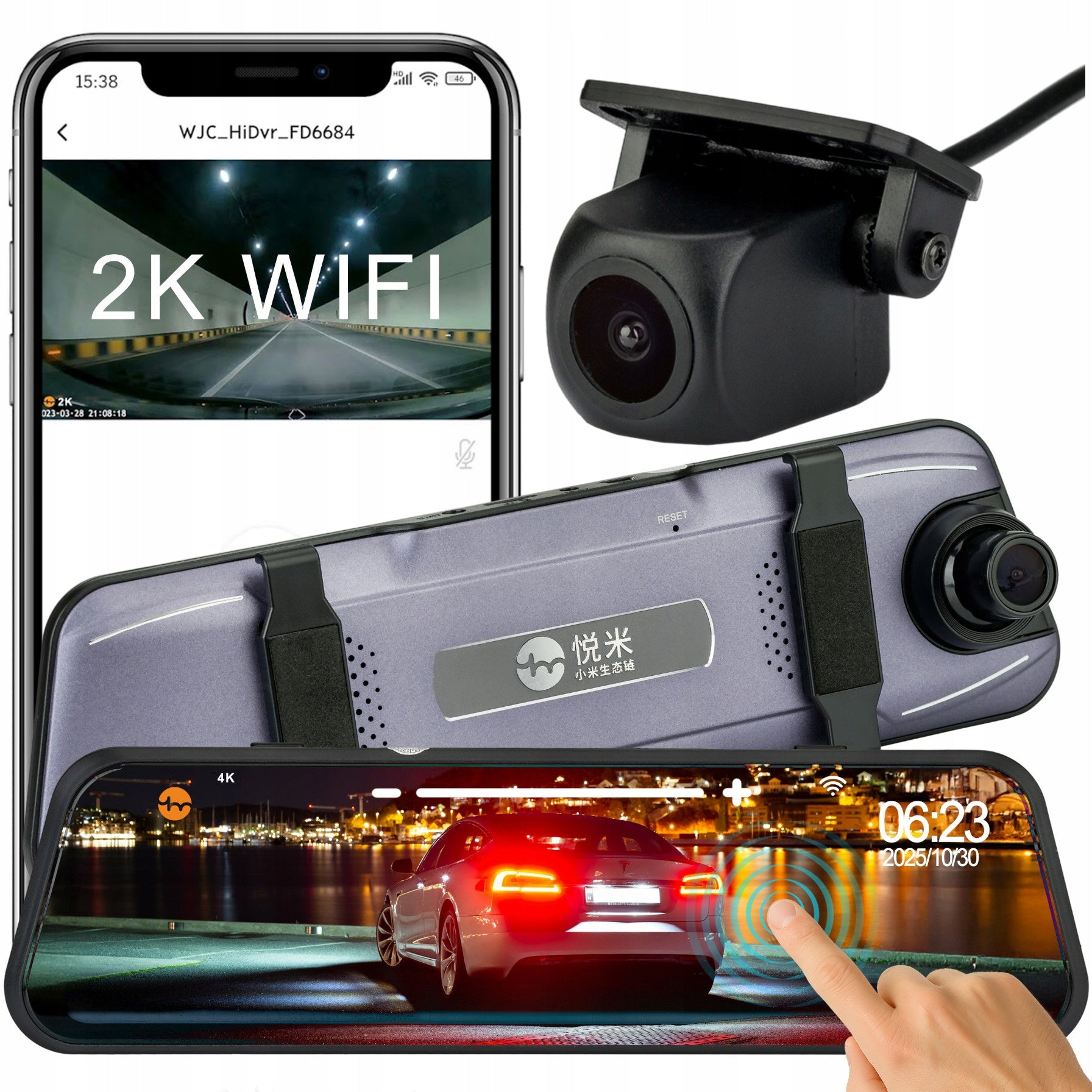 2K YUEMI Y6 CAR VIDEO RECORDER IN MIRROR + WIFI REAR CAMERA