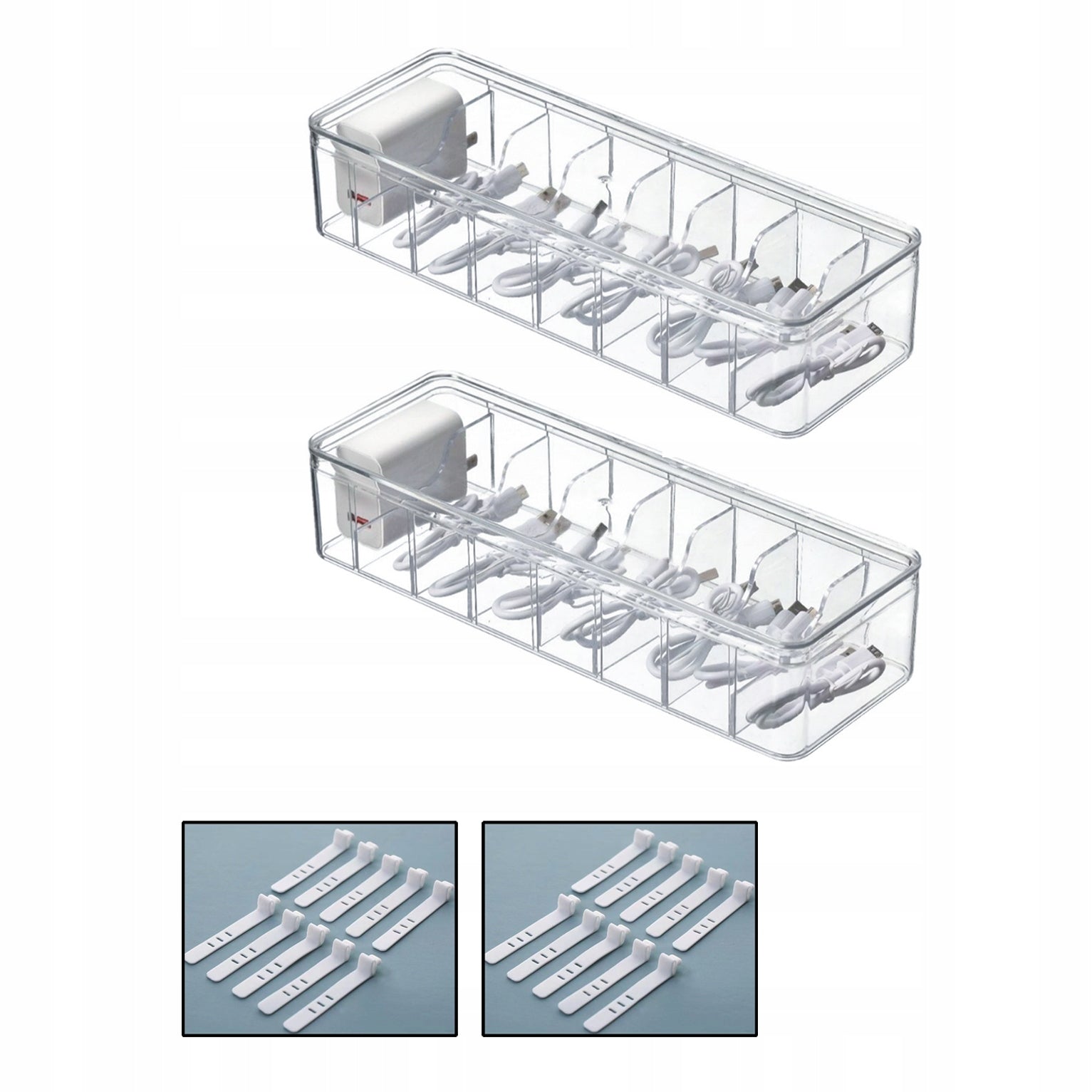2PCS Charger Cable Organizer Storage Box, Clear Cable Cord Case with Lid