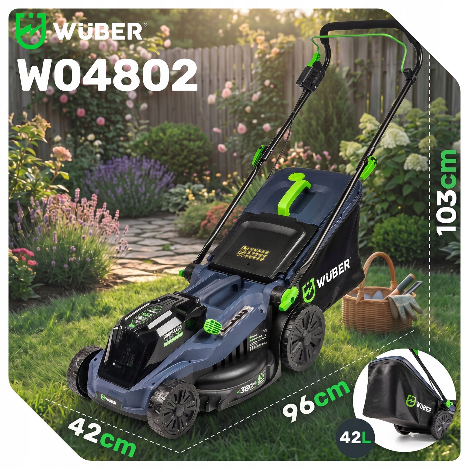 2X AKU 6 AH CORDLESS BRUSHLESS LAWN MOWER SOLID WUBER Mowing width 38 cm