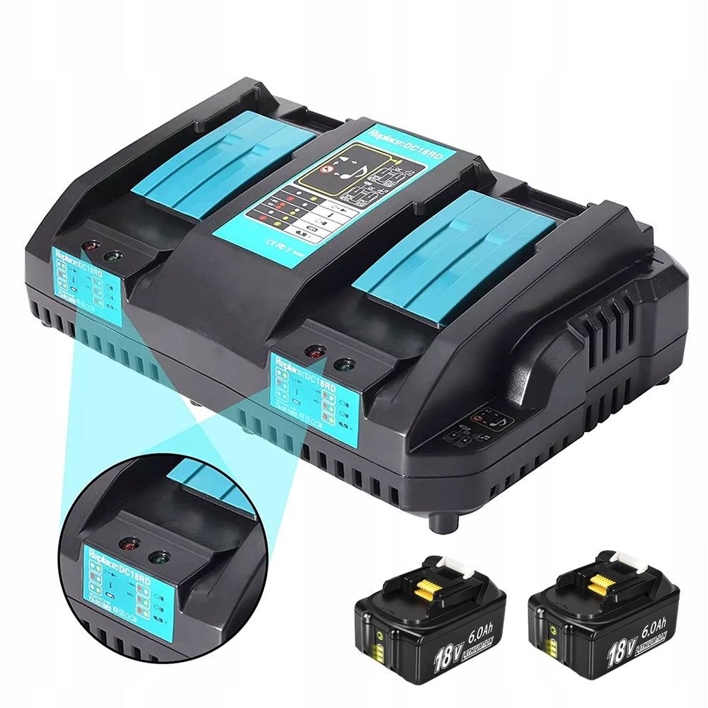 2X BATTERY FOR MAKITA 14.4-18V 6AH + DC18RD DUAL CHARGER Product weight with unit packaging 2.6 kg