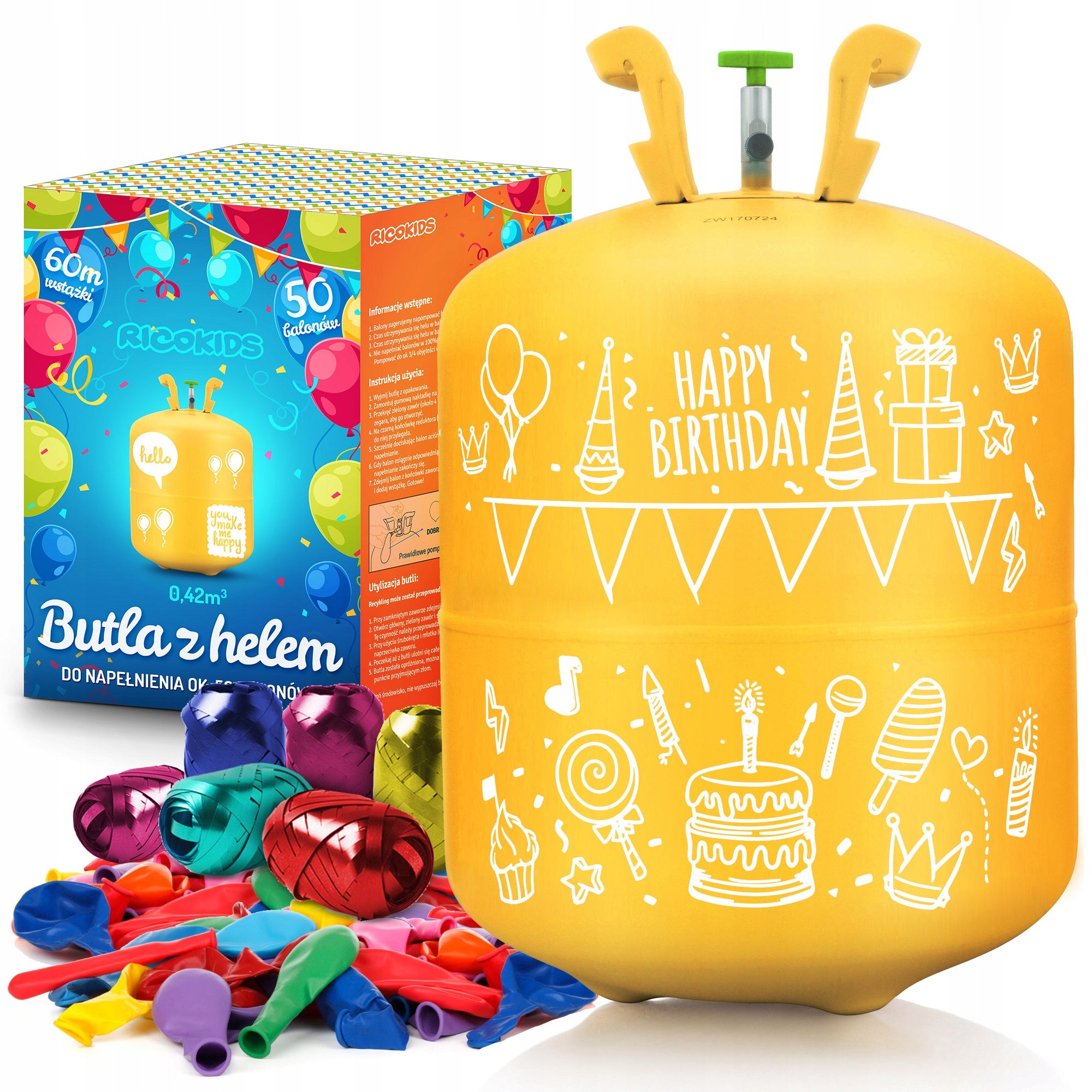 2X Cylinder with helium Ricokids 0.42 m³ with balloons and ribbon