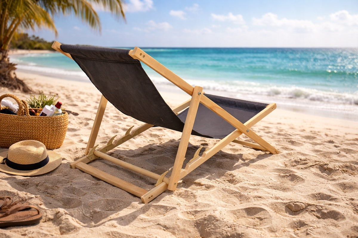 2X GARDEN BEACH CHAIR WOODEN FOLDING WOODOK DARK GRAY FABRIC Color gray