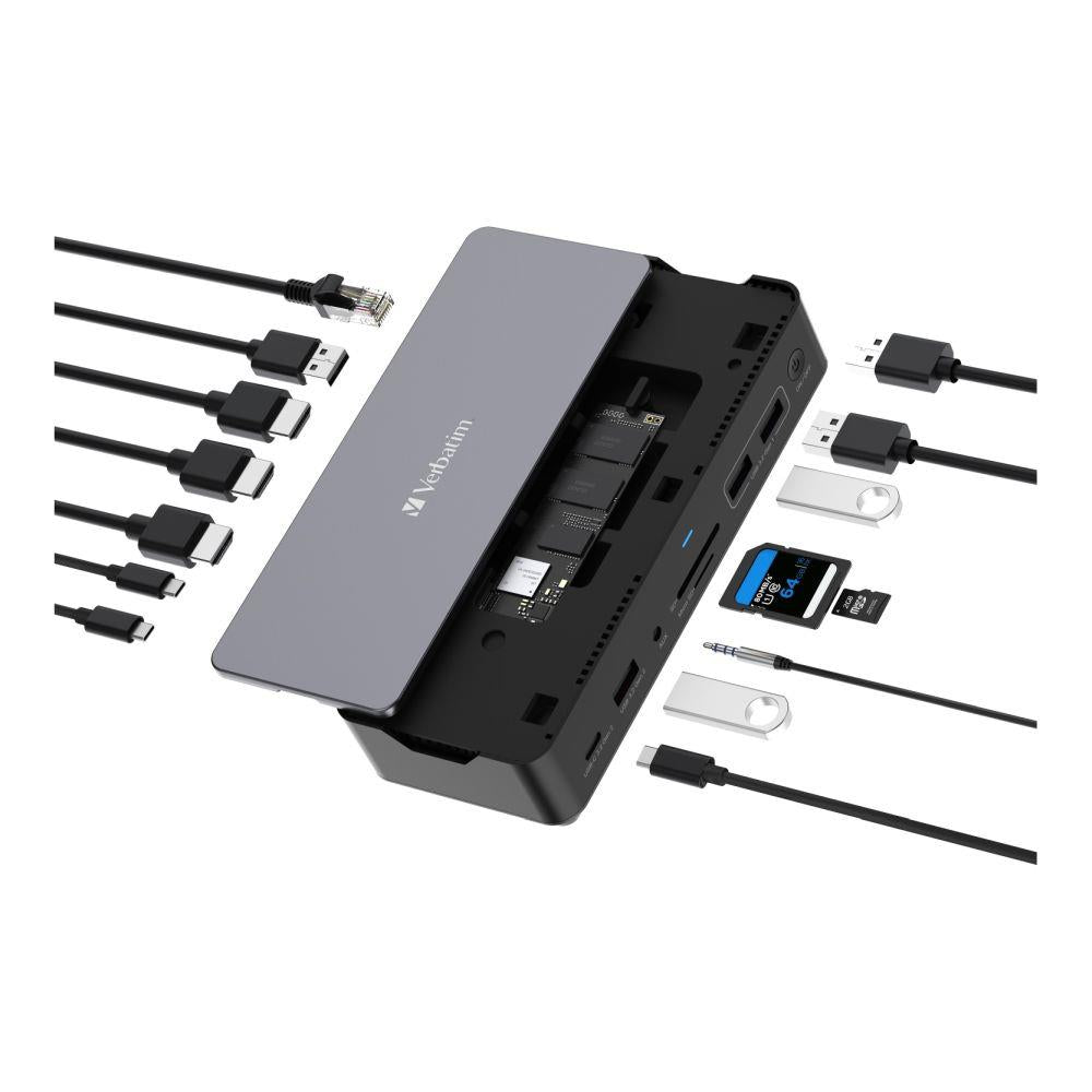 2X Hub Verbatim USB-C Pro 2xHDMI DP RJ45 4xUSB 3xUSB-C SD microSD SSD audio Manufacturer Verbatim