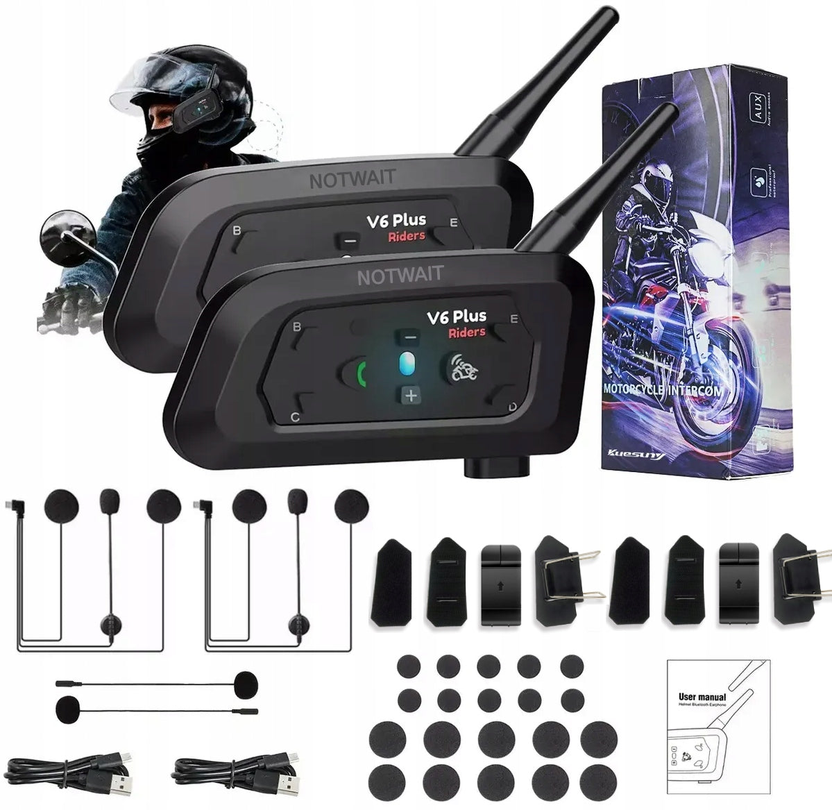 2X INTERCOM MOTORCYCLE INTERCOM BLUETOOTH V6 PLUS WATERPROOF IPX65 1500M