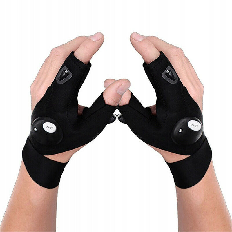 2X MECHANIC BIKE FISHING GLOVES WITH LED FLASHLIGHT BLACK GLOVES Packaging status original