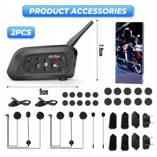 2X MOTORCYCLE INTERCOM BLUETOOTH INTERCOM V6 PLUS WATERPROOF IPX65 1500M