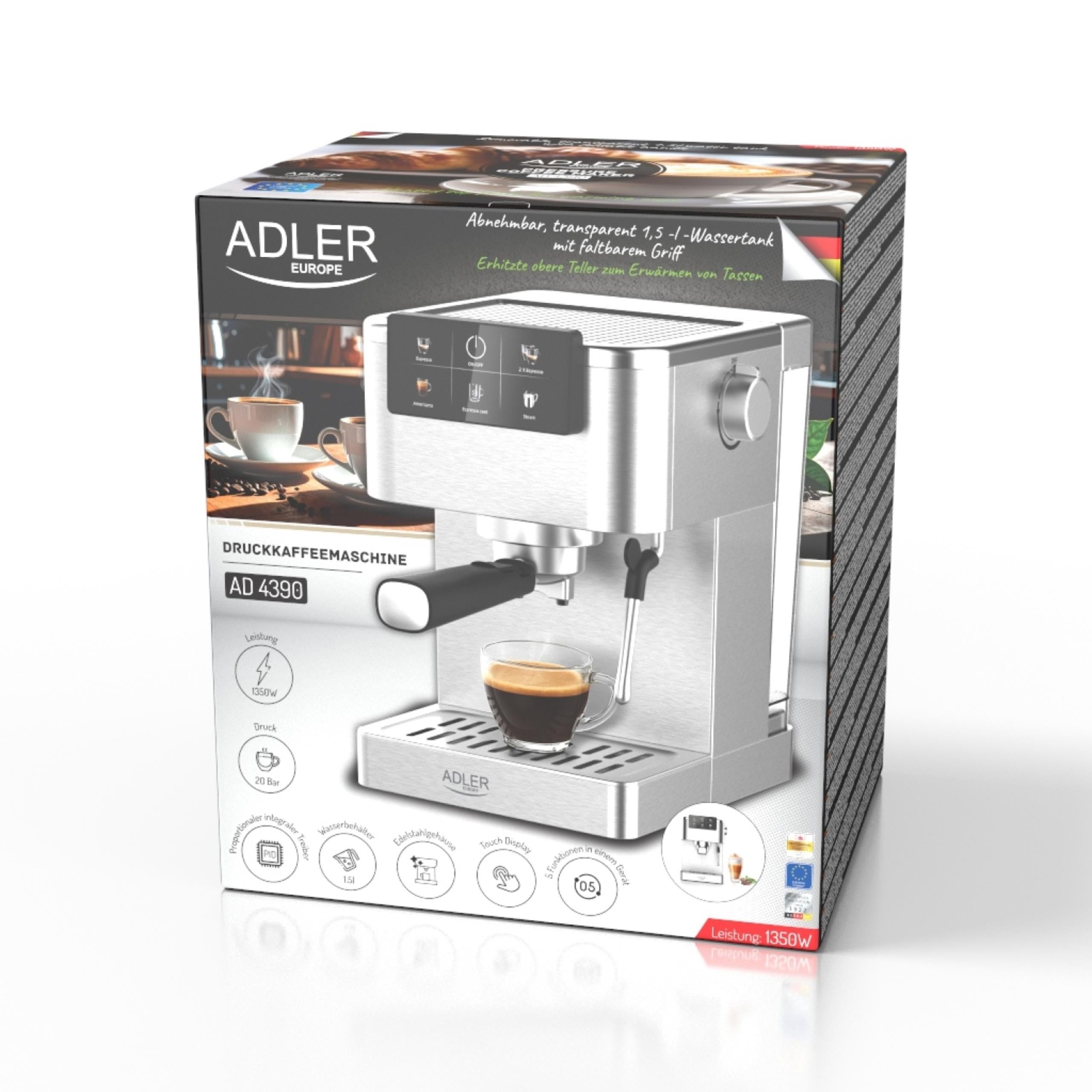 2X PRESSURE COFFEE MAKER 20 bar 1350W Automatic Flask + Foamer Brand ADLER