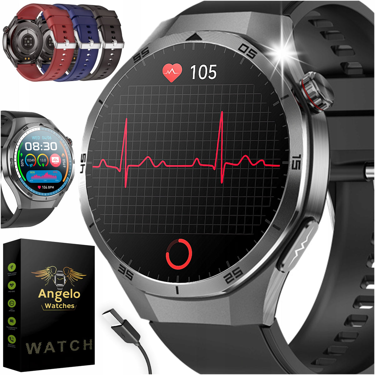 2X SMARTWATCH CARDIOWATCH MALE ECG CONVERSATION PPG HRV SEN AMOLED MENU POLISH Brand Angelo Watches