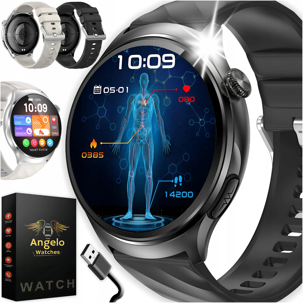 2X SMARTWATCH MEN'S WATCH CARDIOWATCH EKG HRV TALK SPORT PULSE MENU PL Brand Angelo Watches