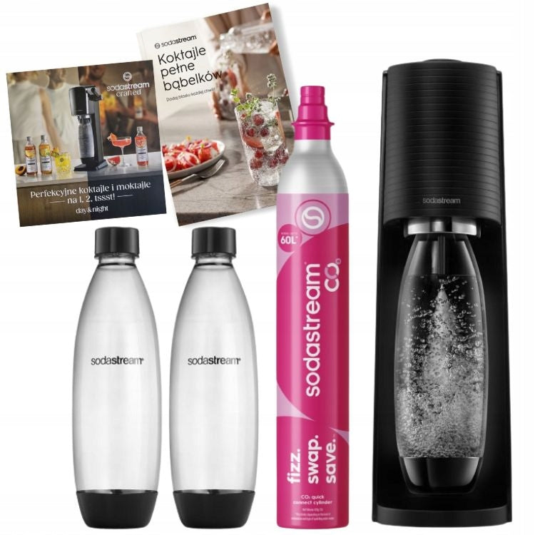 2X Saturator SodaStream Terra black 2 bottles + CO2 + recipe e-book