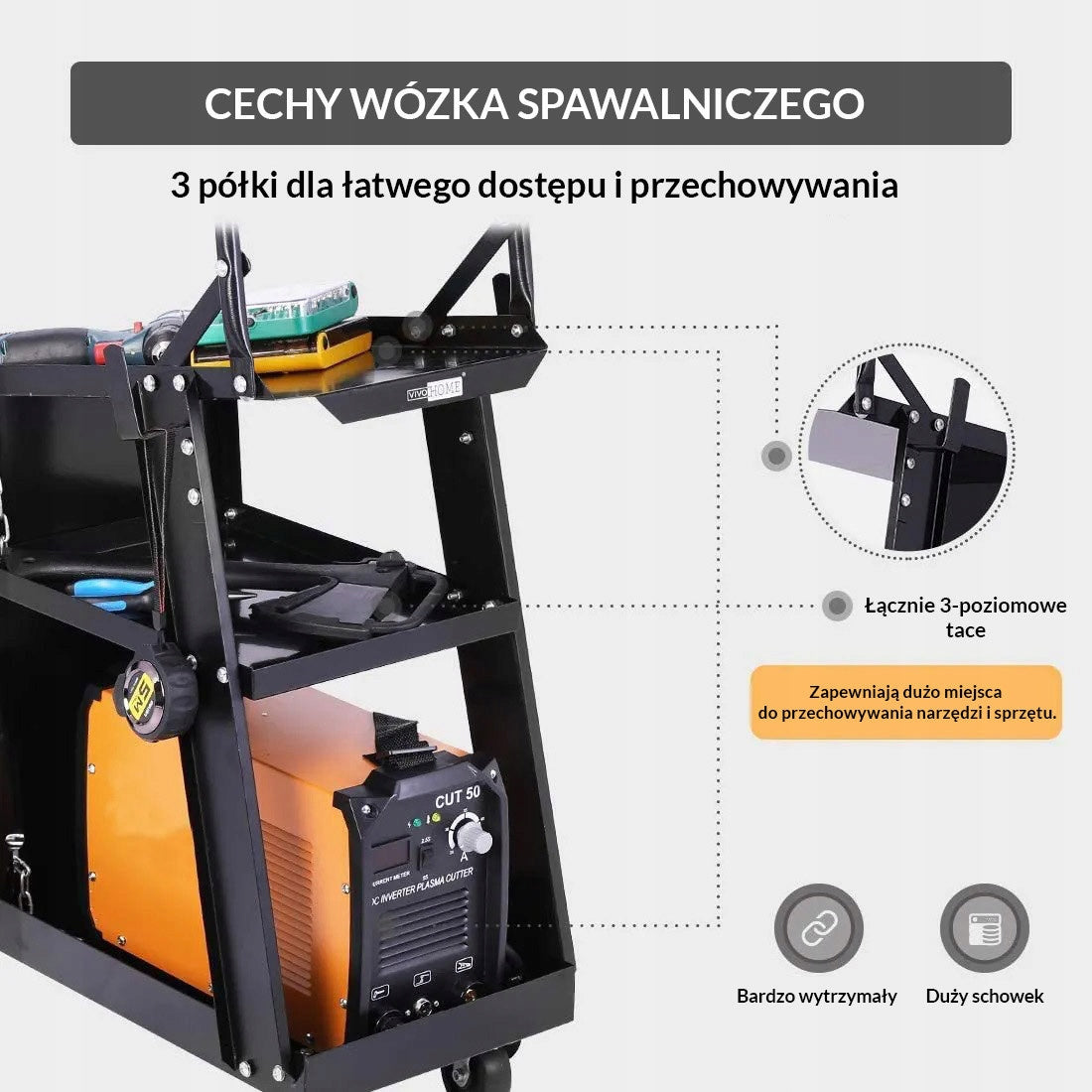 Suvirinimo vežimėlis MAMUTH, 3 lentynos, 85 kg, 70x37x90 cm, tinka balionui ir MIG suvirinimo aparatui
