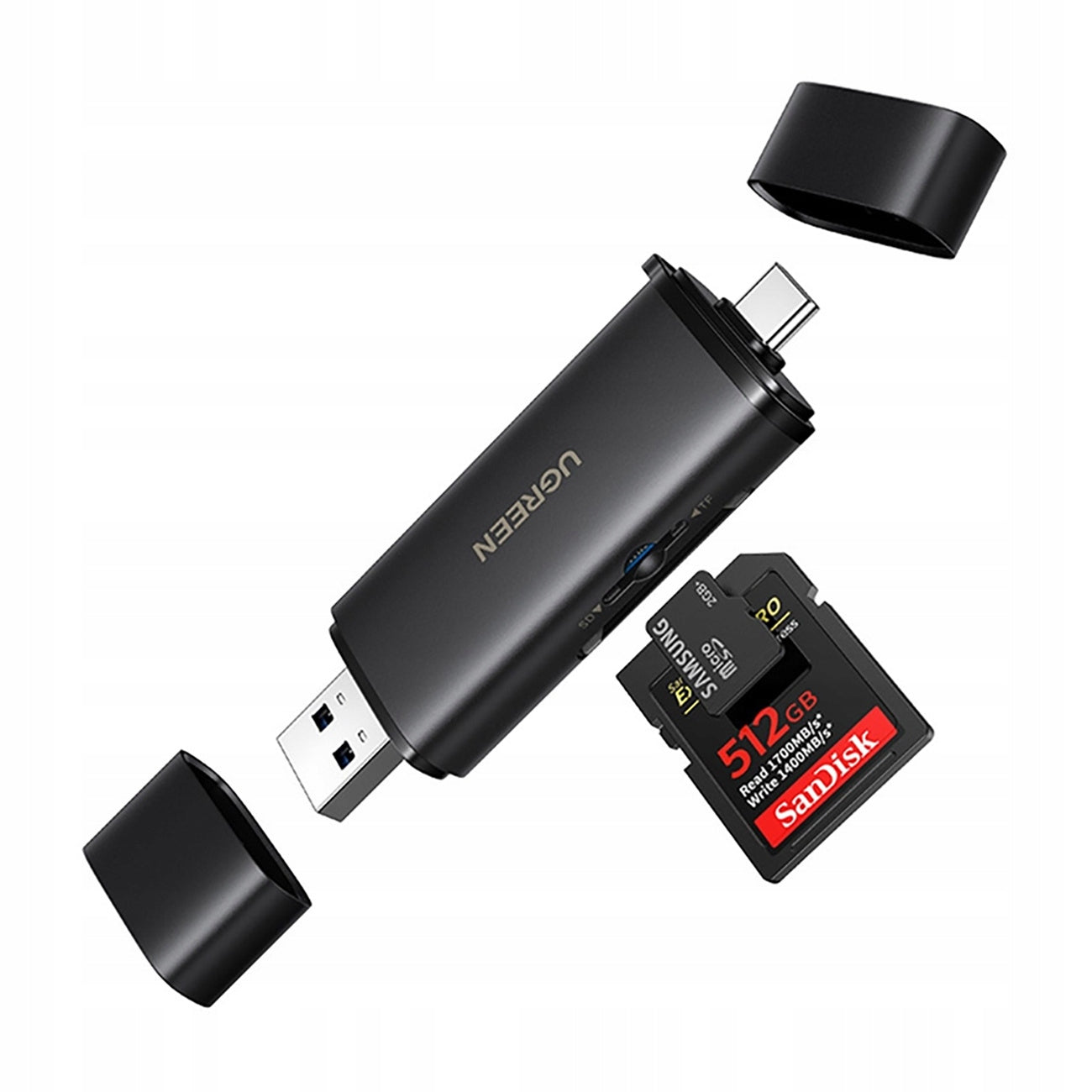 2in1 SD microSD USB-C USB-A UHS-II Memory Card Reader - Black