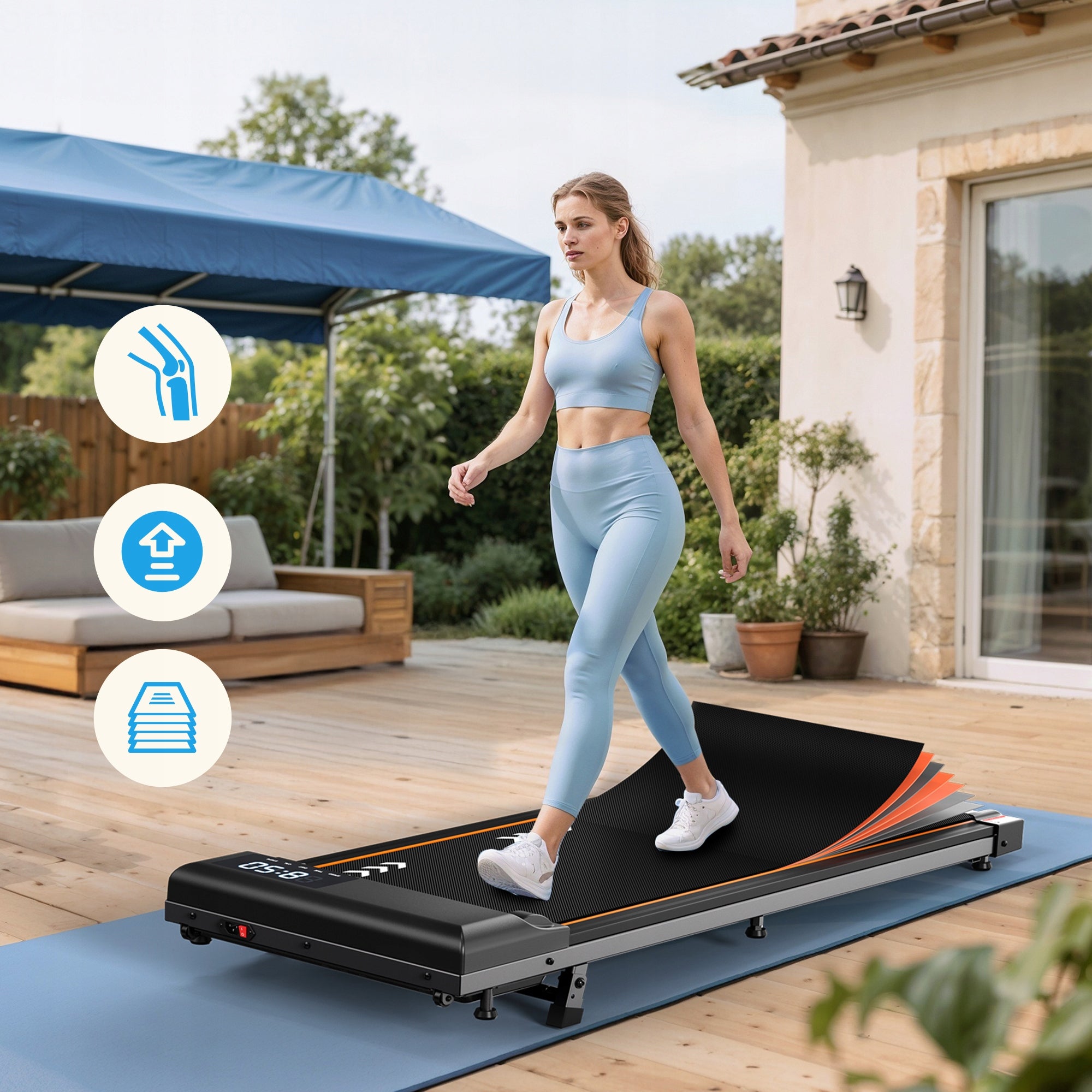 2in1 electric desk treadmill, 1-6 km/h, shock absorption, for home and office Measurements training duration distance speed burned calories
