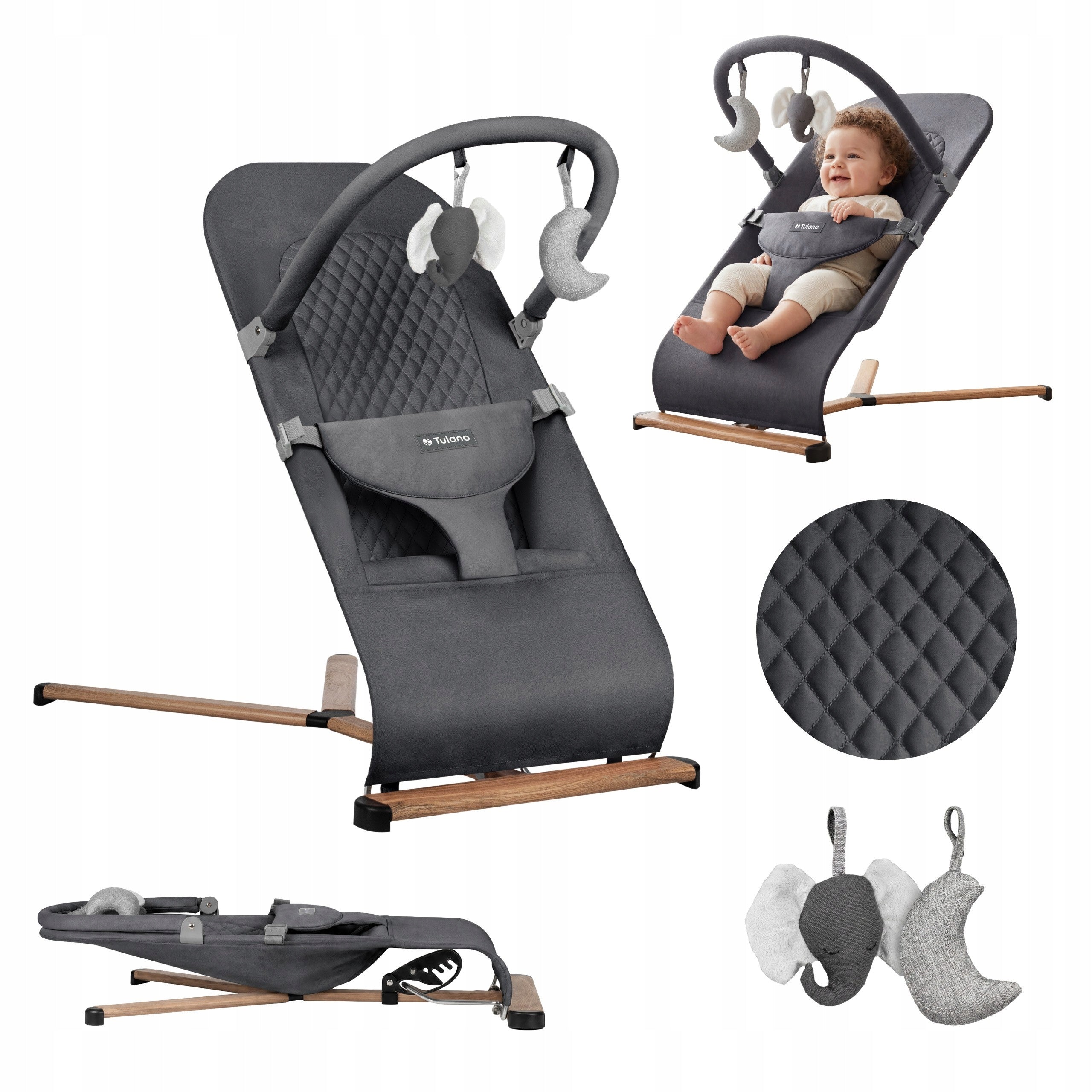 2in1 rocker lounger TULANO grey for infant baby folding with straps