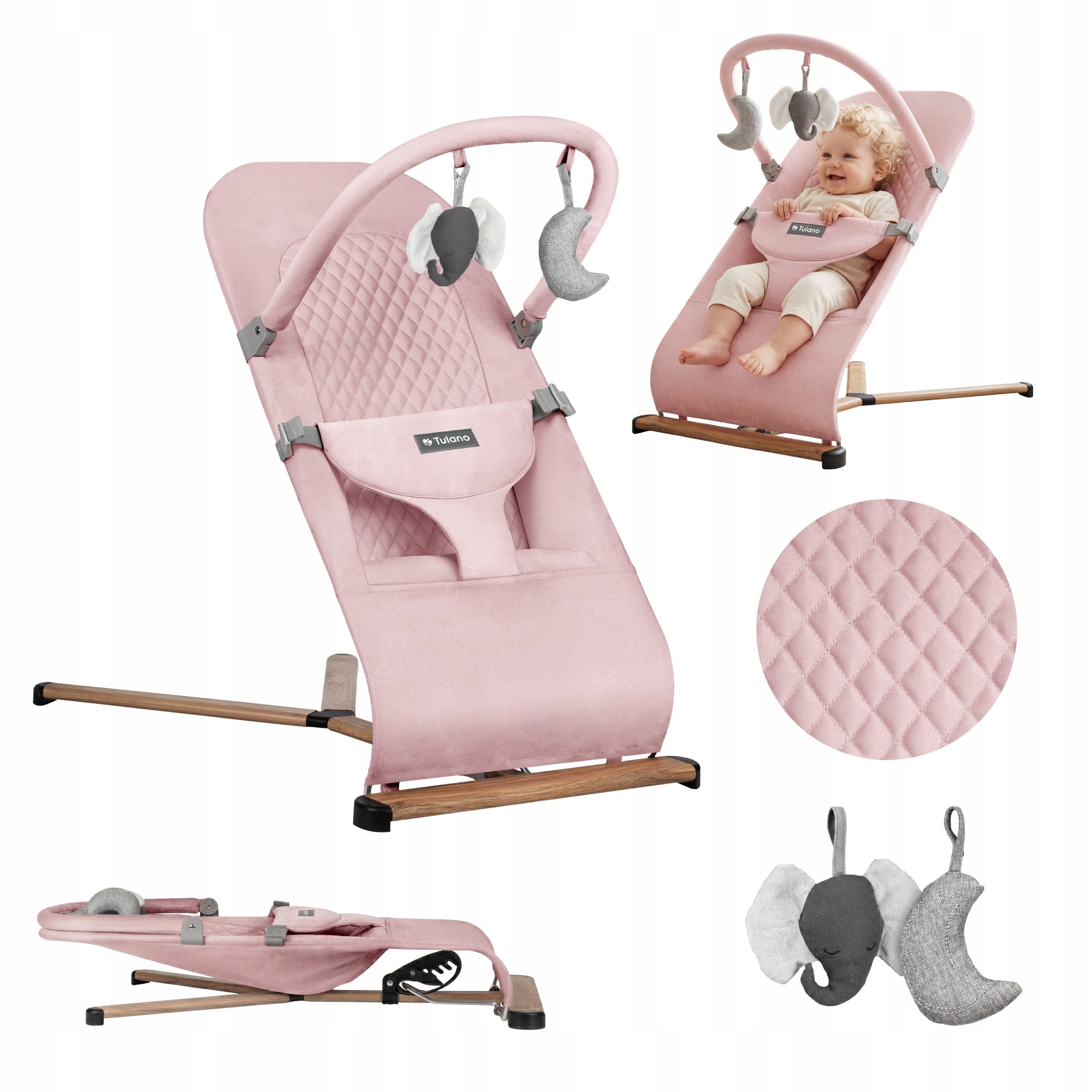 2in1 rocker lounger TULANO pink for baby folding with straps