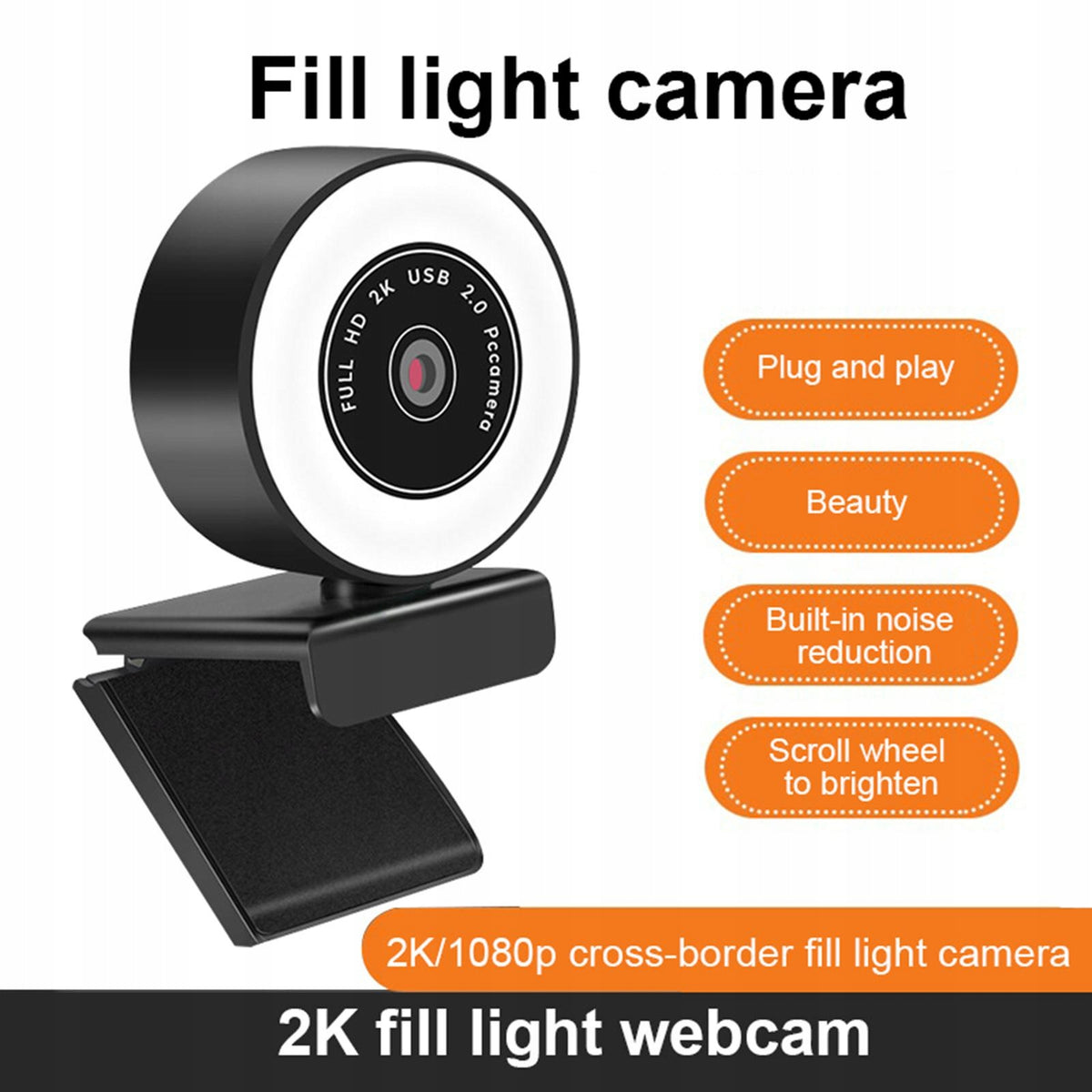 2k Webcam with Microphone Ring Light HD Web Cam for 1080p Fixed Focus
