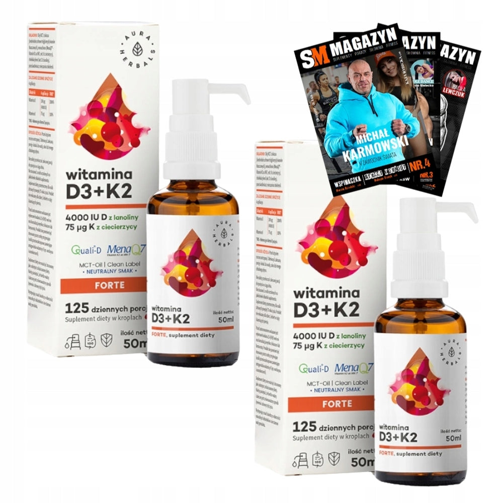 2x AURA HERBALS VITAMIN D3 4000 IU + K2MK7 MCT 50ml HEALTHY BONES IMMUNITY