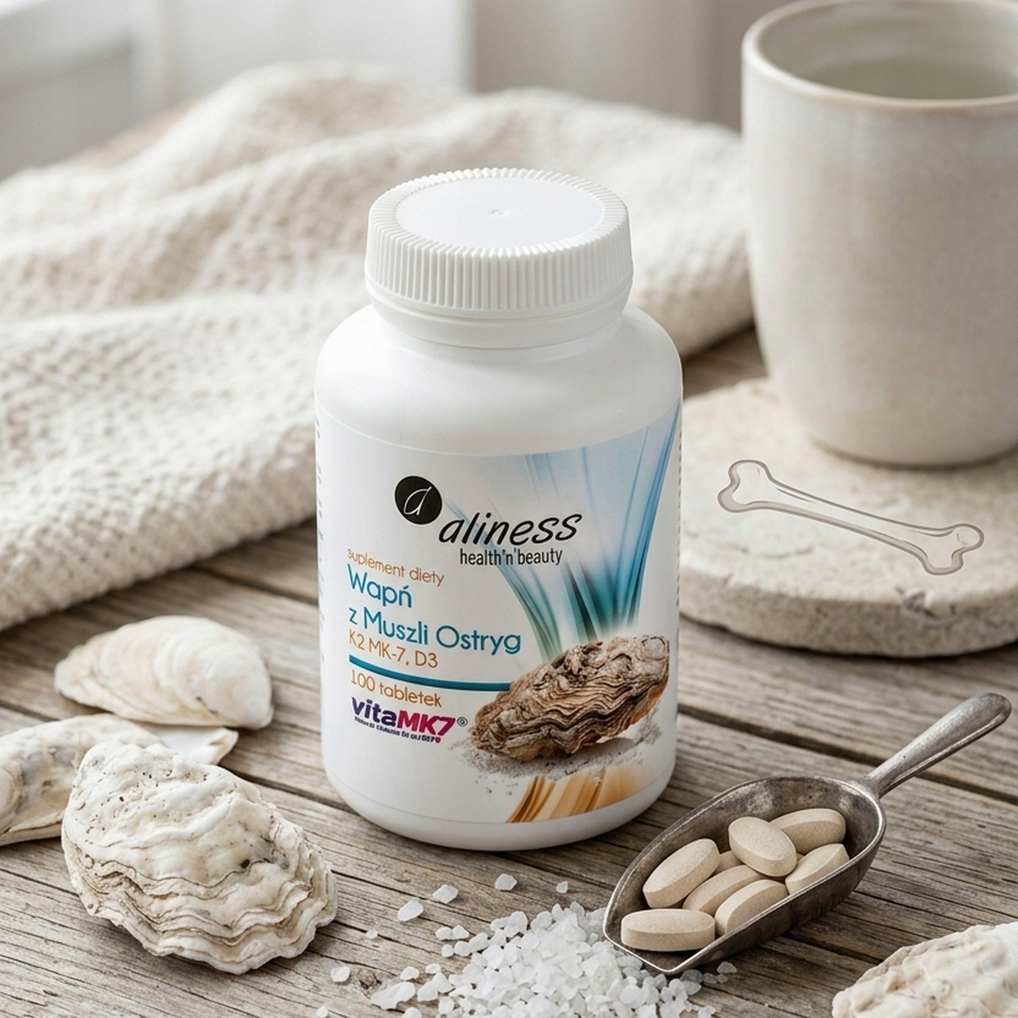2x Aliness Calcium from Shell Oyster K2 MK7 D3 100 tablets for bones and teeth Manufacturer code K-2 D-3 wapń zdrowe zęby kości odporność