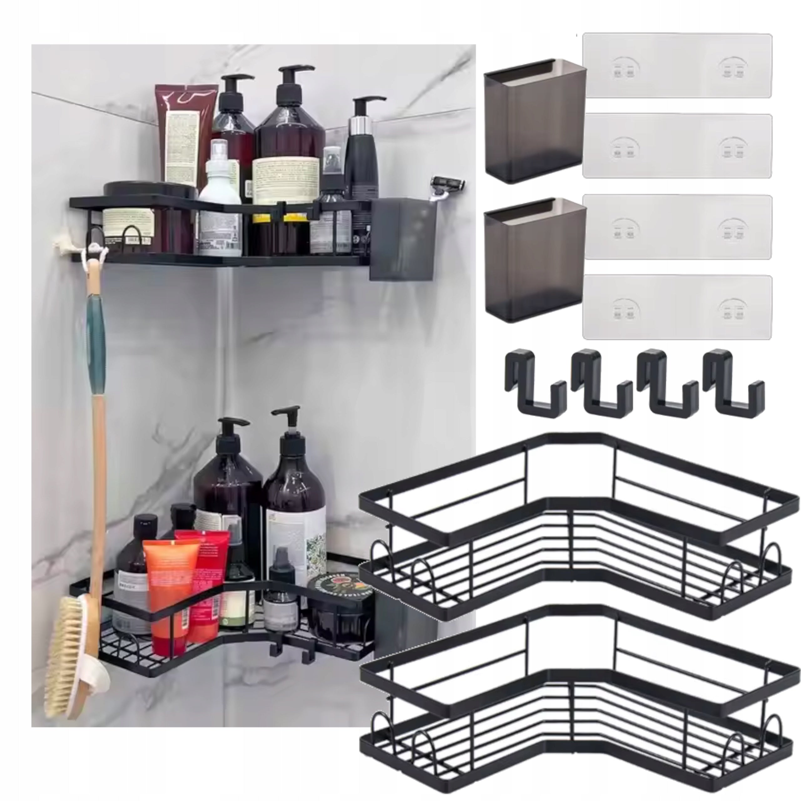 2x BATHROOM HANGING SHELF Corner Shower Shelf Set LOFT Hooks